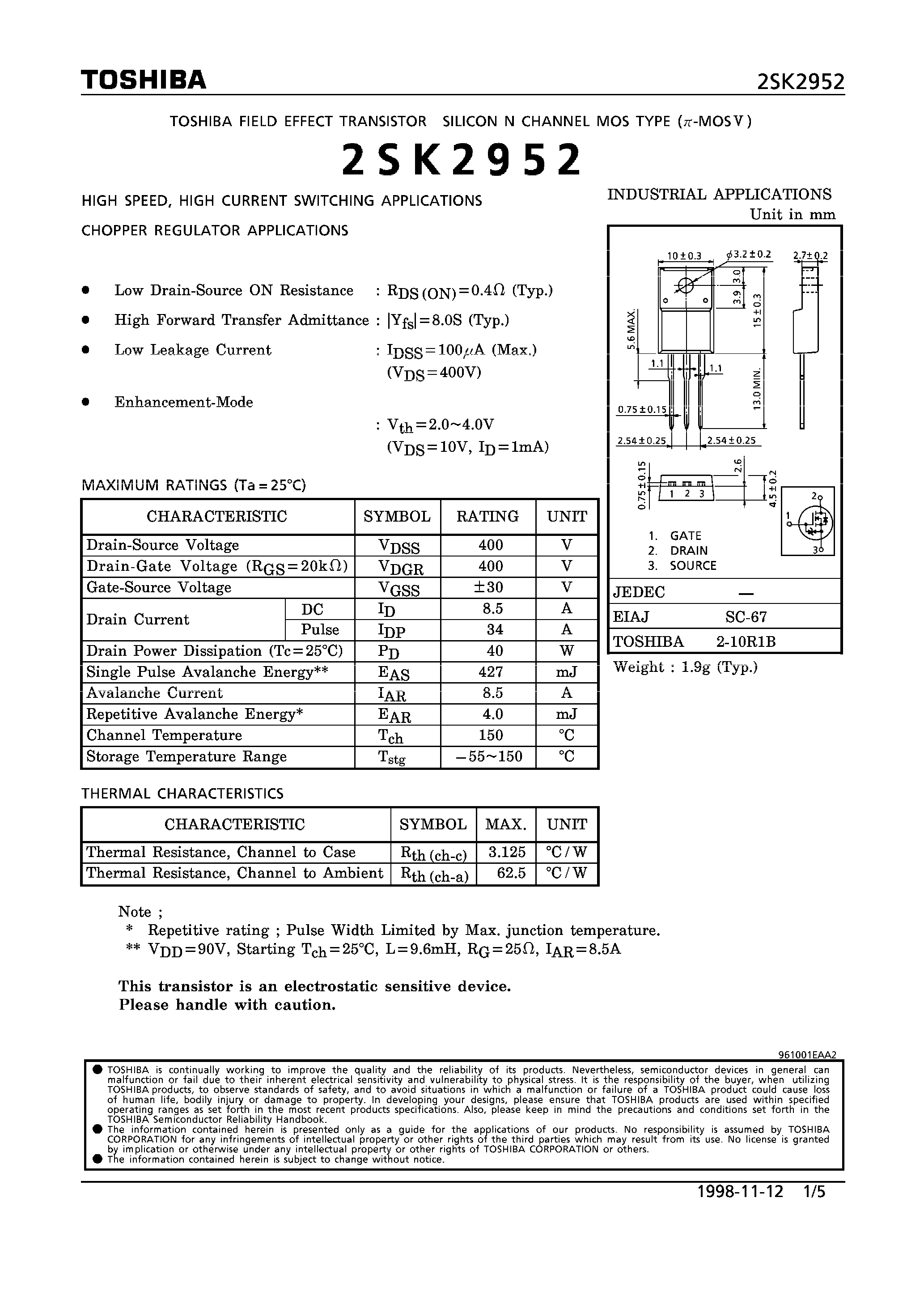 Даташит 2SK2952 - N CHANNEL MOS TYPE (HIGH SPEED/ HIGH CURRENT SWITCHING/ CHOPPER REGULATOR APPLICATIONS) страница 1