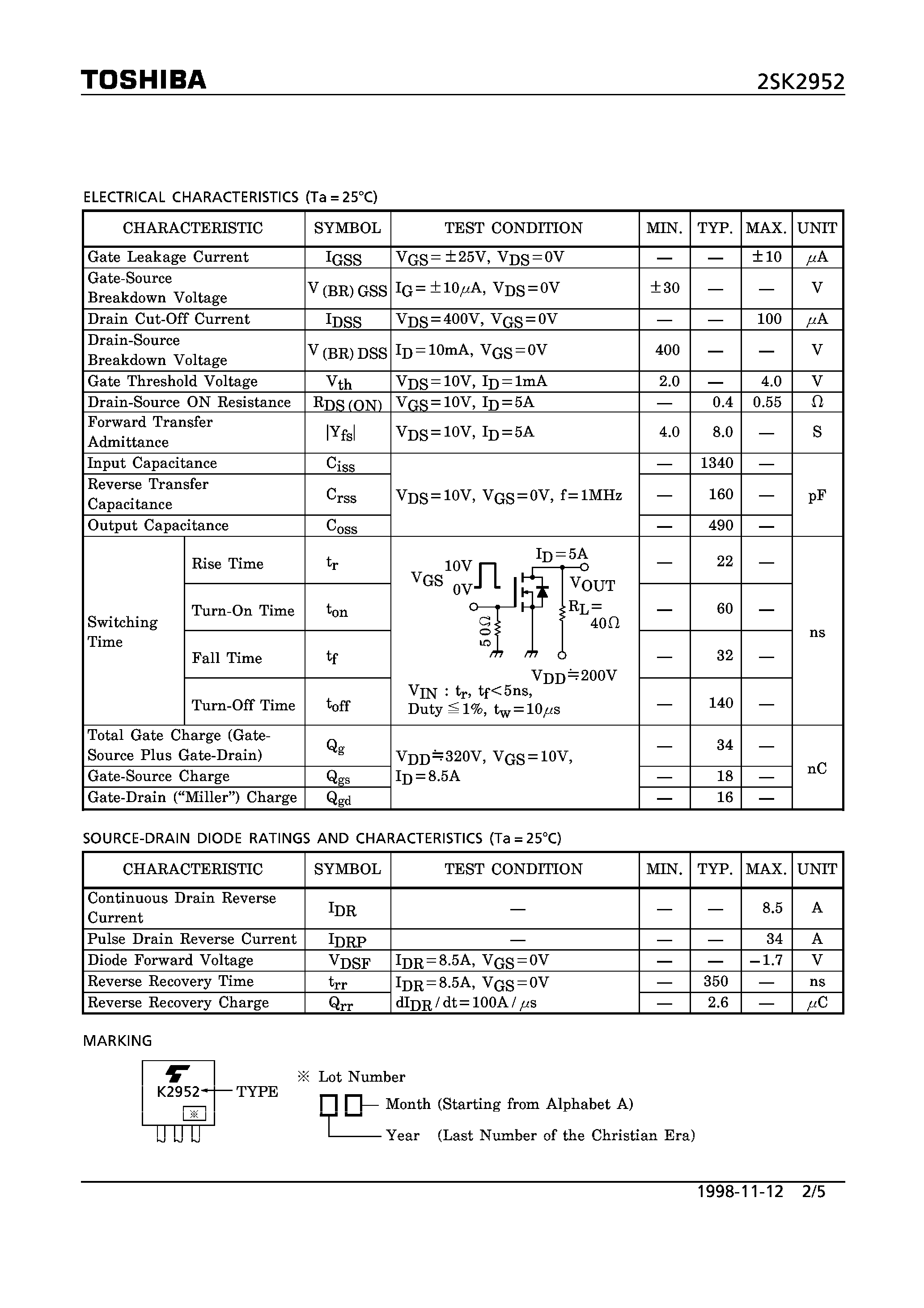 Даташит 2SK2952 - N CHANNEL MOS TYPE (HIGH SPEED/ HIGH CURRENT SWITCHING/ CHOPPER REGULATOR APPLICATIONS) страница 2