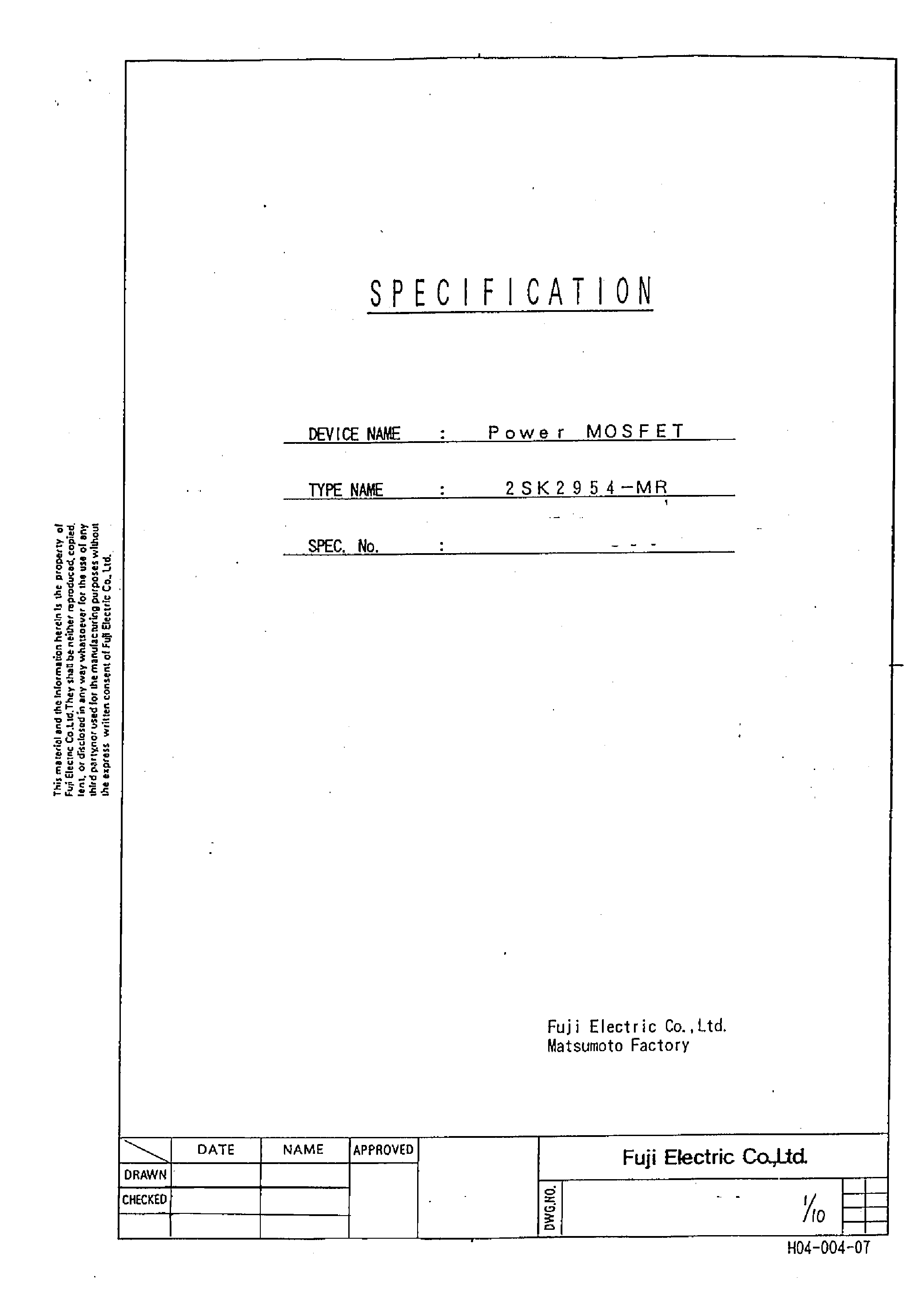 Даташит 2SK2954-MR - Power MOSFET страница 1