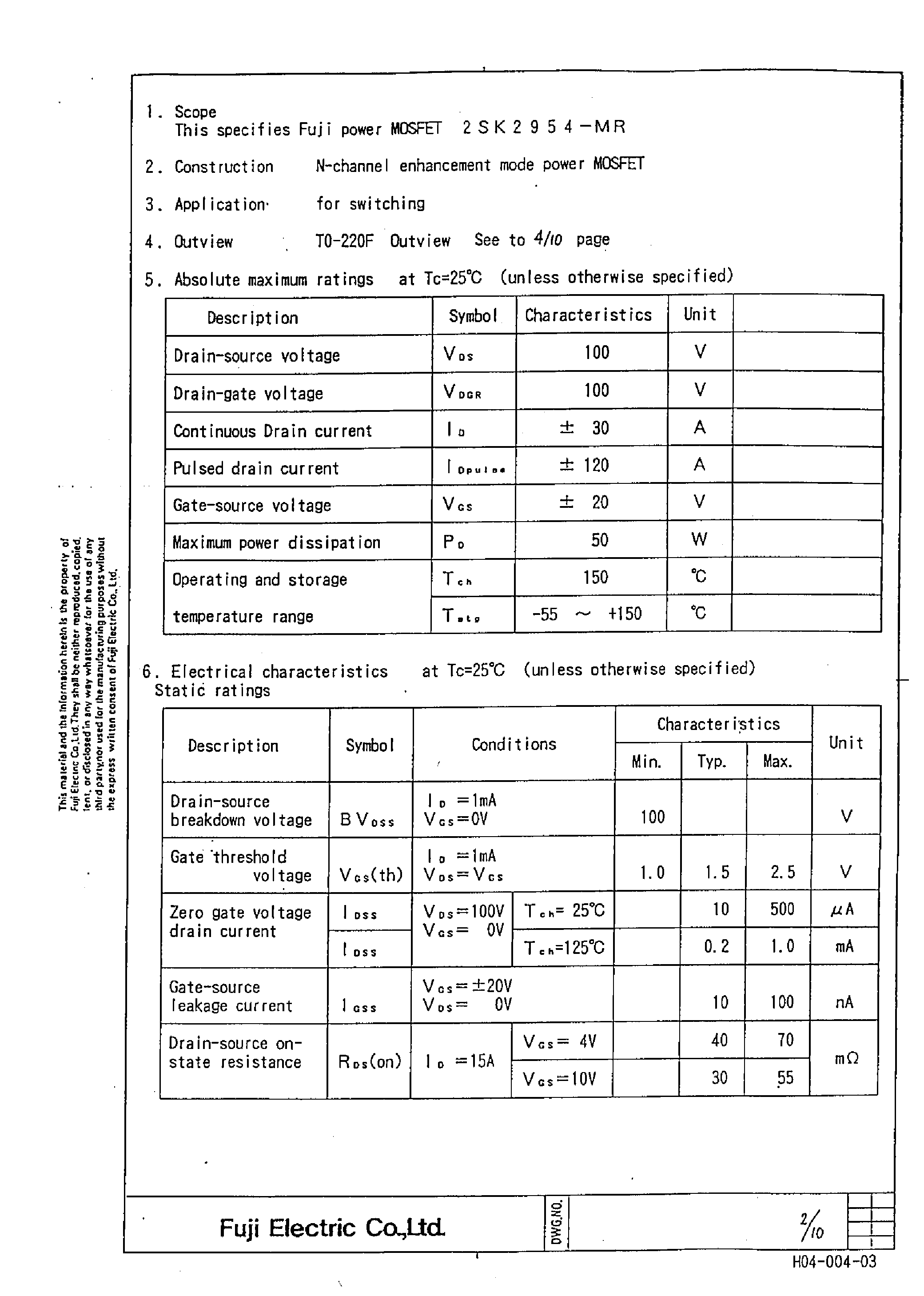 Даташит 2SK2954-MR - Power MOSFET страница 2