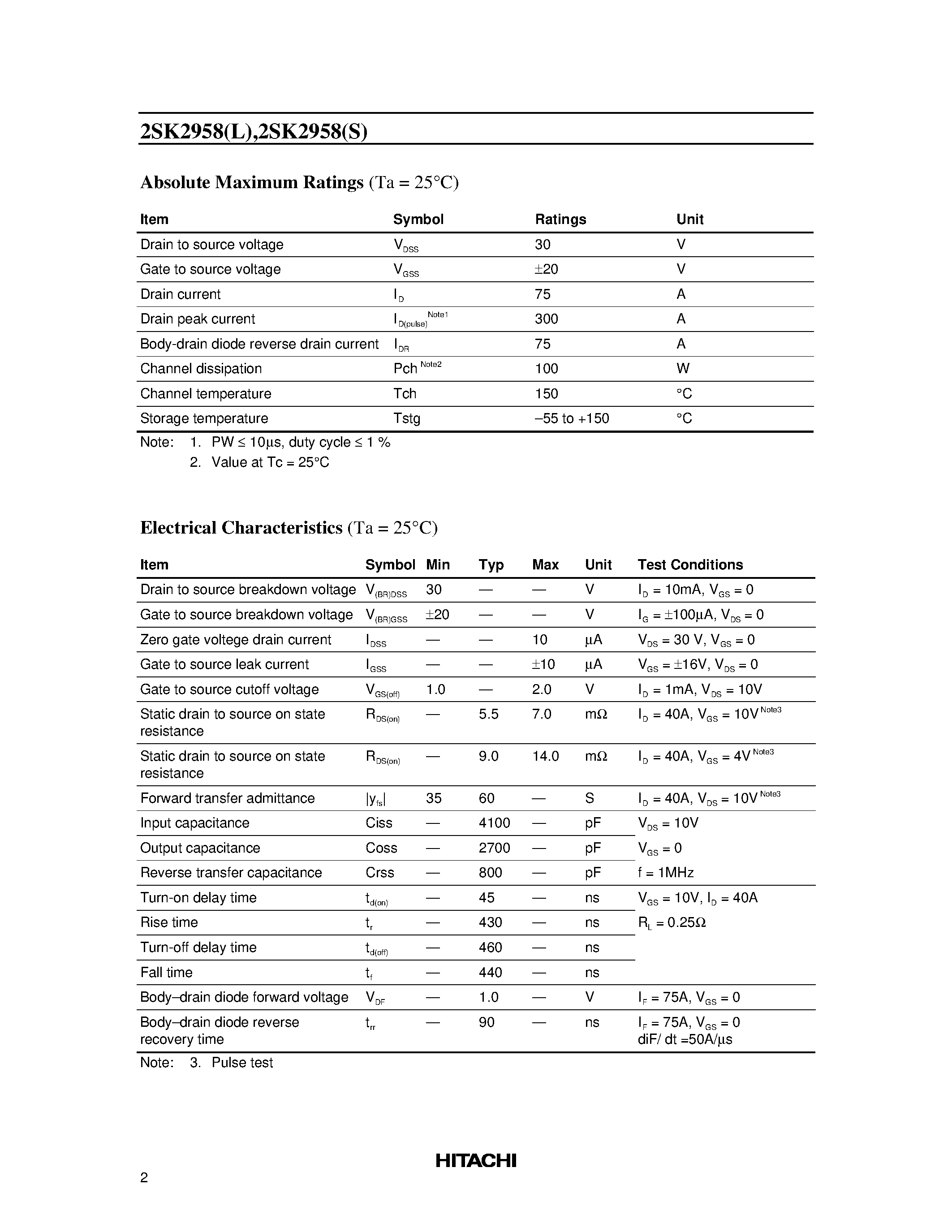 Даташит 2SK2958L - Silicon N Channel MOS FET High Speed Power Switching страница 2