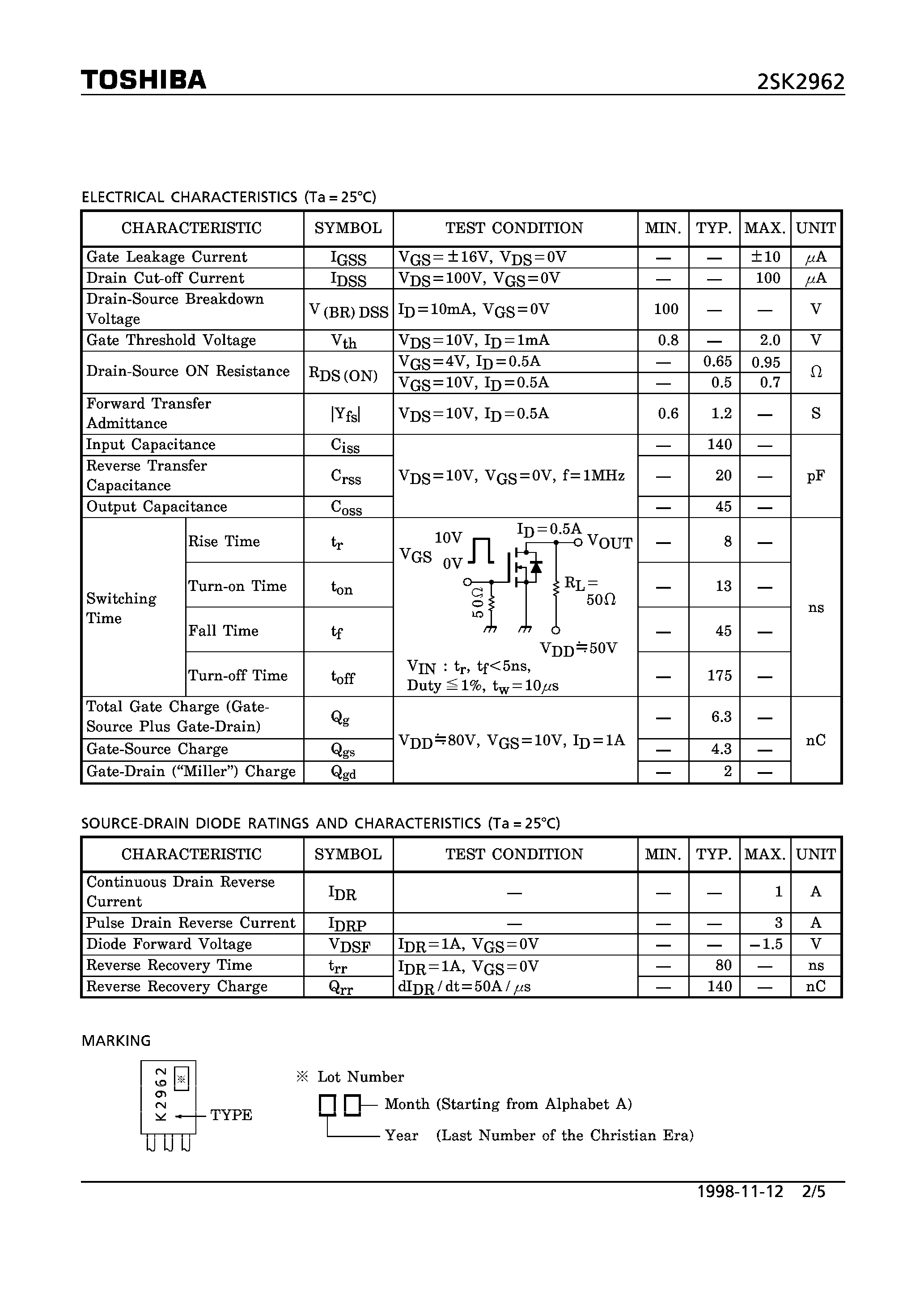 Даташит 2SK2962 - N CHANNEL MOS TYPE (HIGH SPEED/ HIGH CURRENT SWITCHING/ CHOPPER REGULATOR/ DC-DC CONVERTERAND AND MOTOR DRIVE APPLICATIONS) страница 2