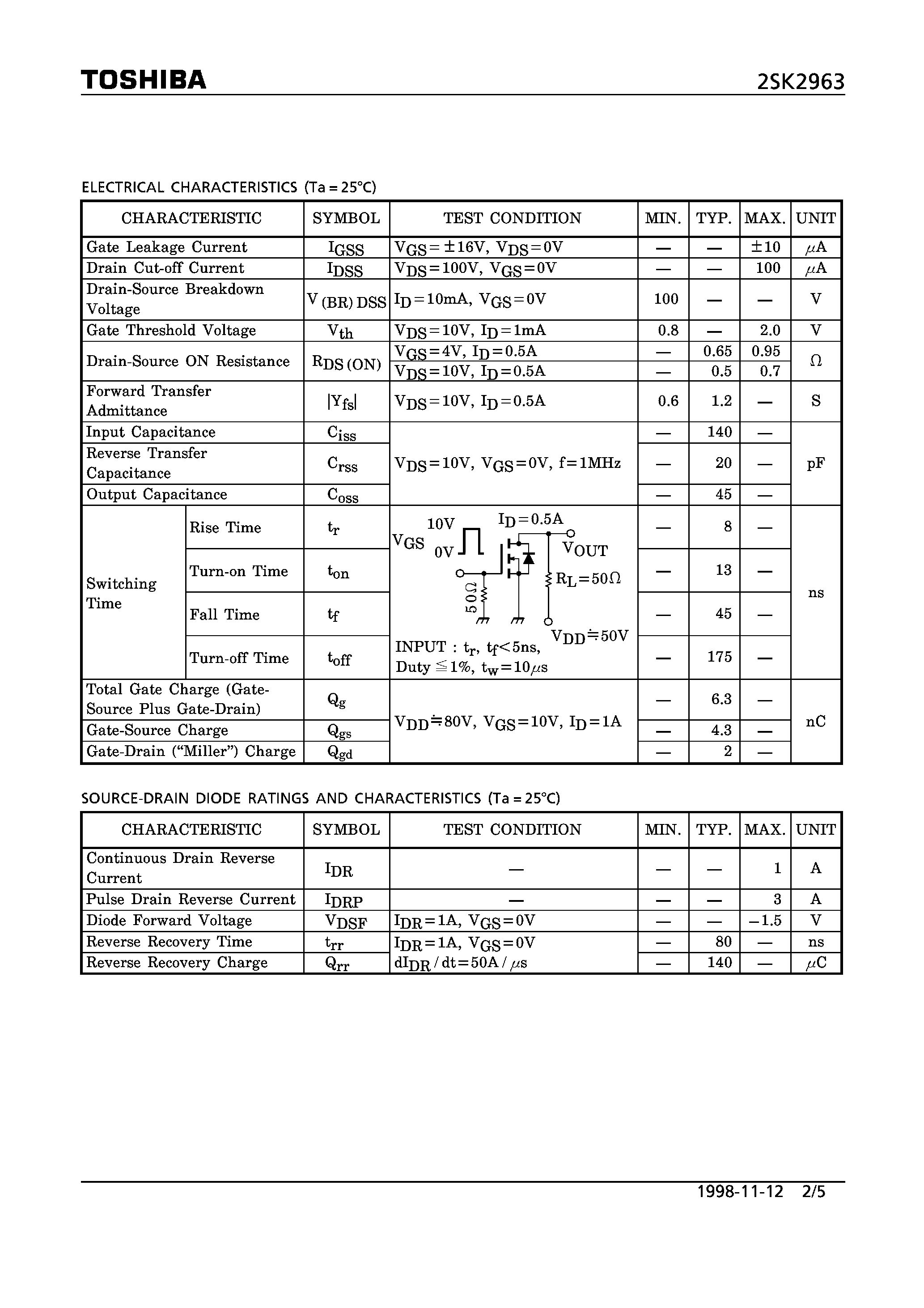 Datasheet 2SK2963 page 2 Datasheet 2SK2963 - N CHANNEL MOS TYPE (HIGH SPEED/ DC-DC CONVERTER/ RELAY DRIVE AND MOTOR DRIVE APPLICATIONS) page 2