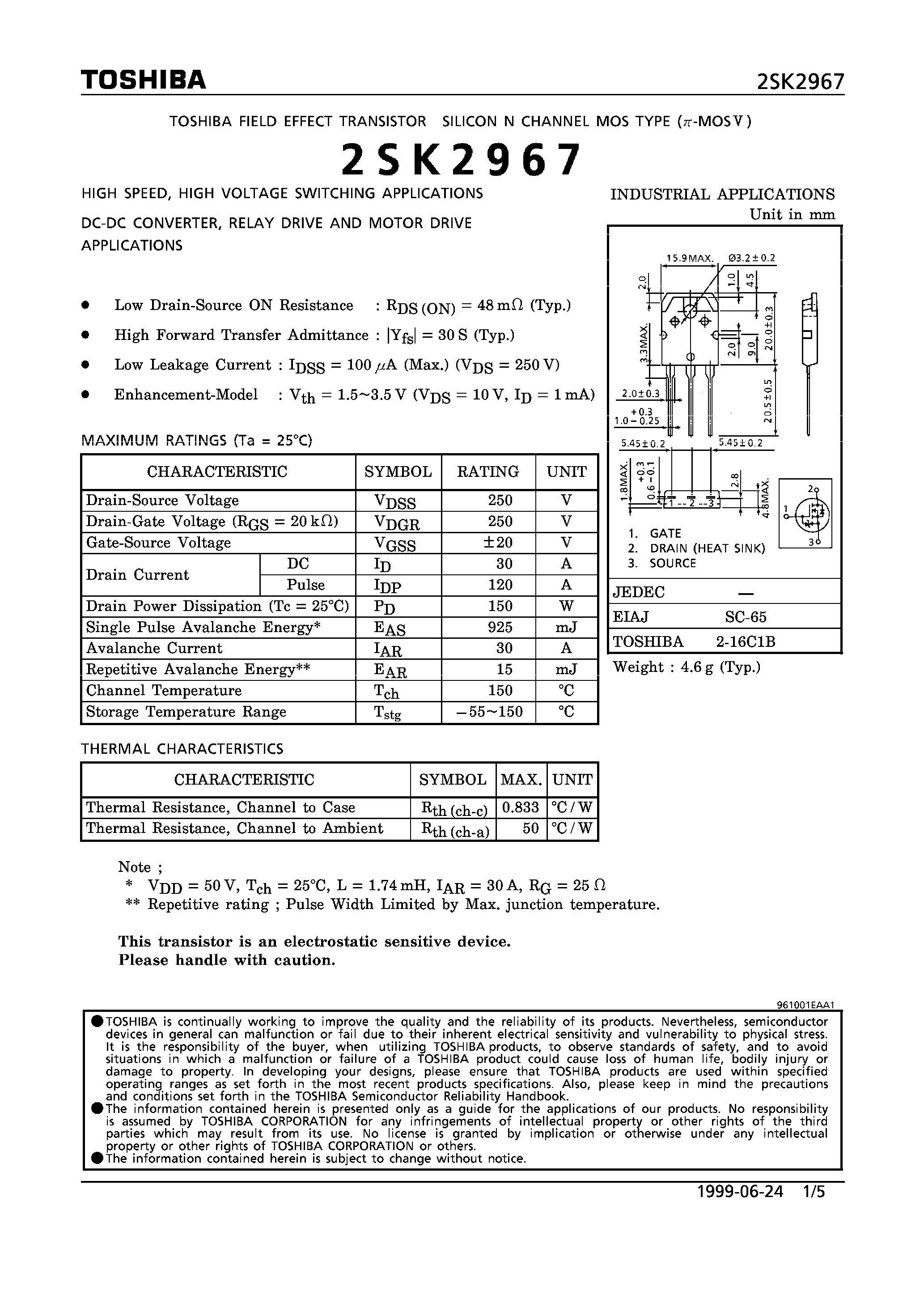Datasheet 2SK2967 page 1 Datasheet 2SK2967 - N CHANNEL MOS TYPE (HIGH SPEED/ HIGH VOLTAGE SWITCHING/ CHOPPER REGULATOR/ DC-DC CONVERTER/ RELAY DRIVE AND MOTOR DRIVE APPLICATIONS) page 1