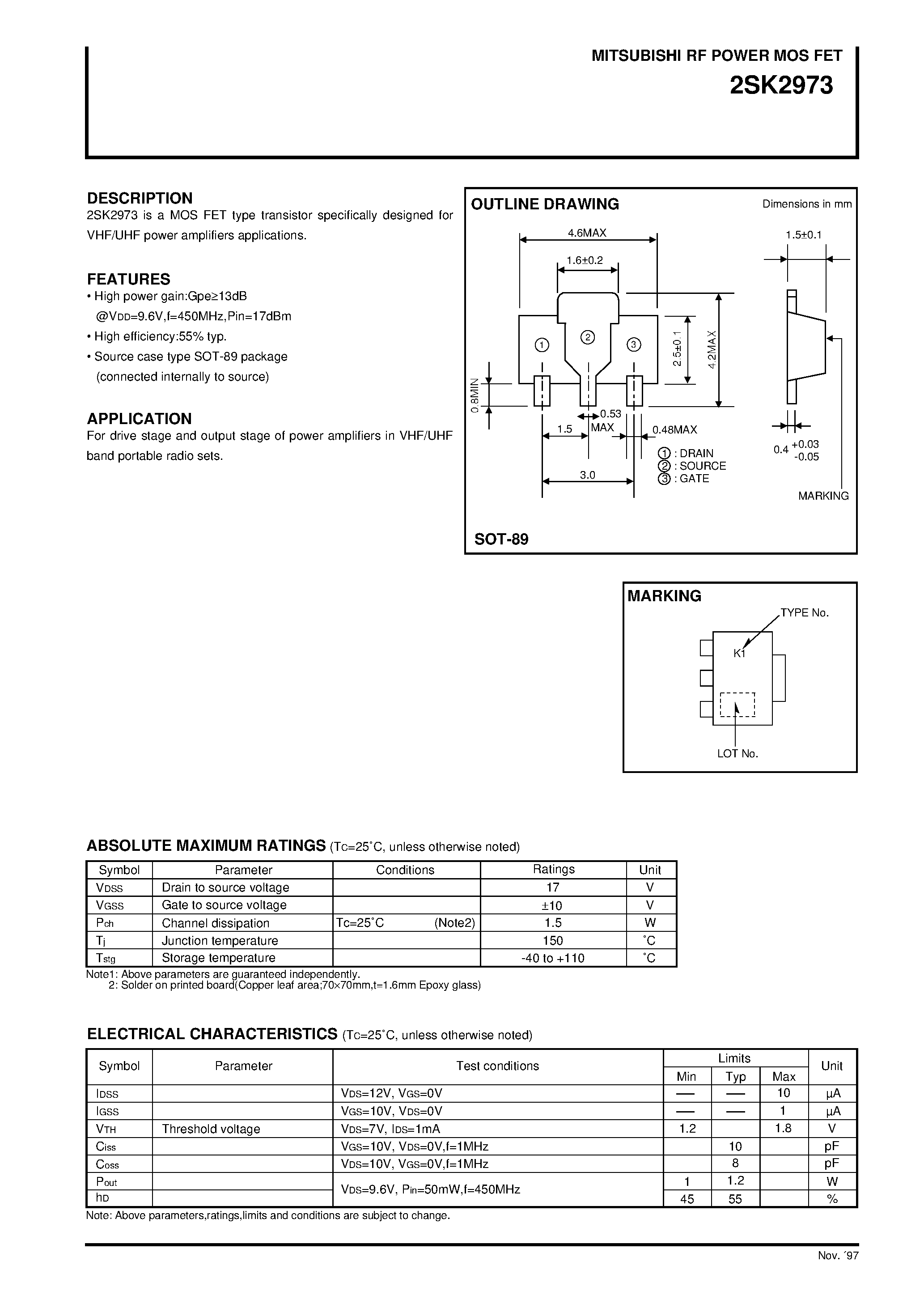 Даташит 2SK2973 - RF POWER MOS FET(VHF/UHF power amplifiers) страница 1