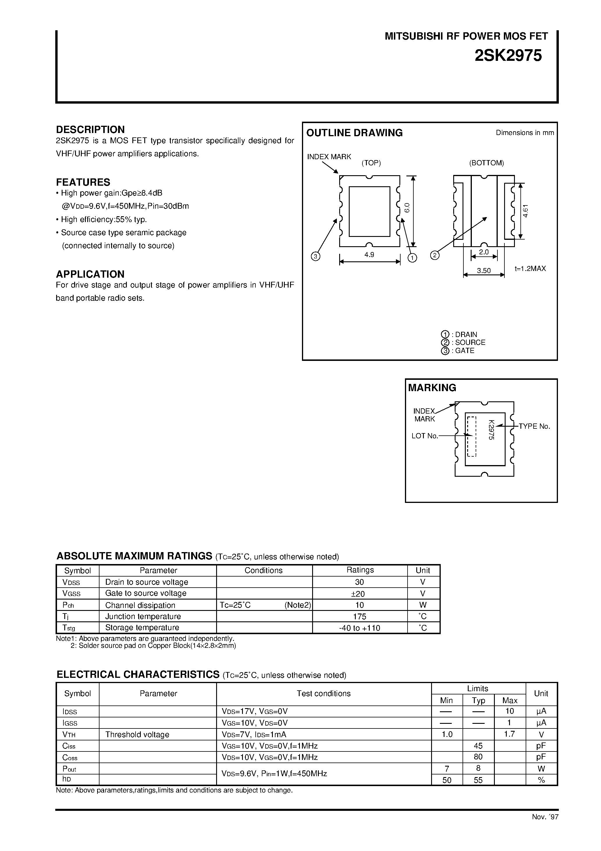 Даташит 2SK2975 - RF POWER MOS FET(VHF/UHF power amplifiers) страница 1