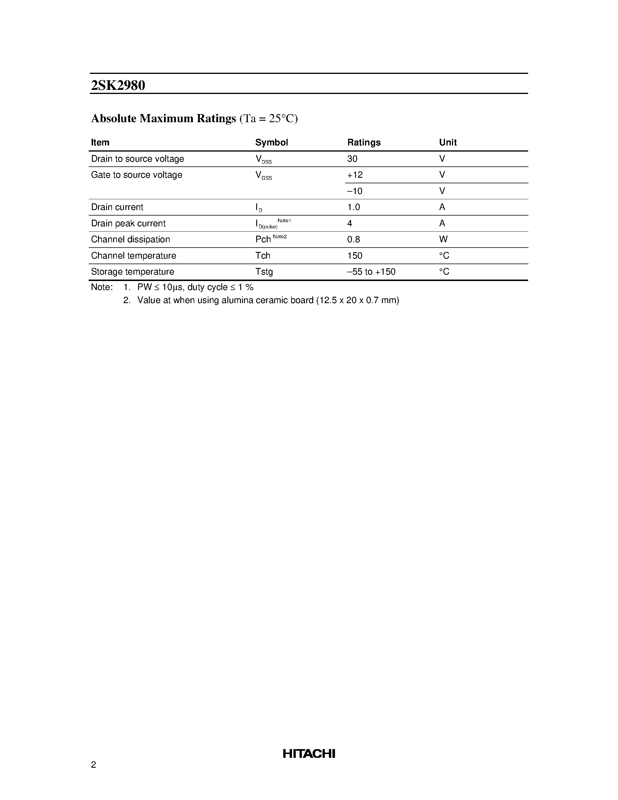 Datasheet 2SK2980 page 2 Datasheet 2SK2980 - Silicon N Channel MOS FET High Speed Power Switching page 2
