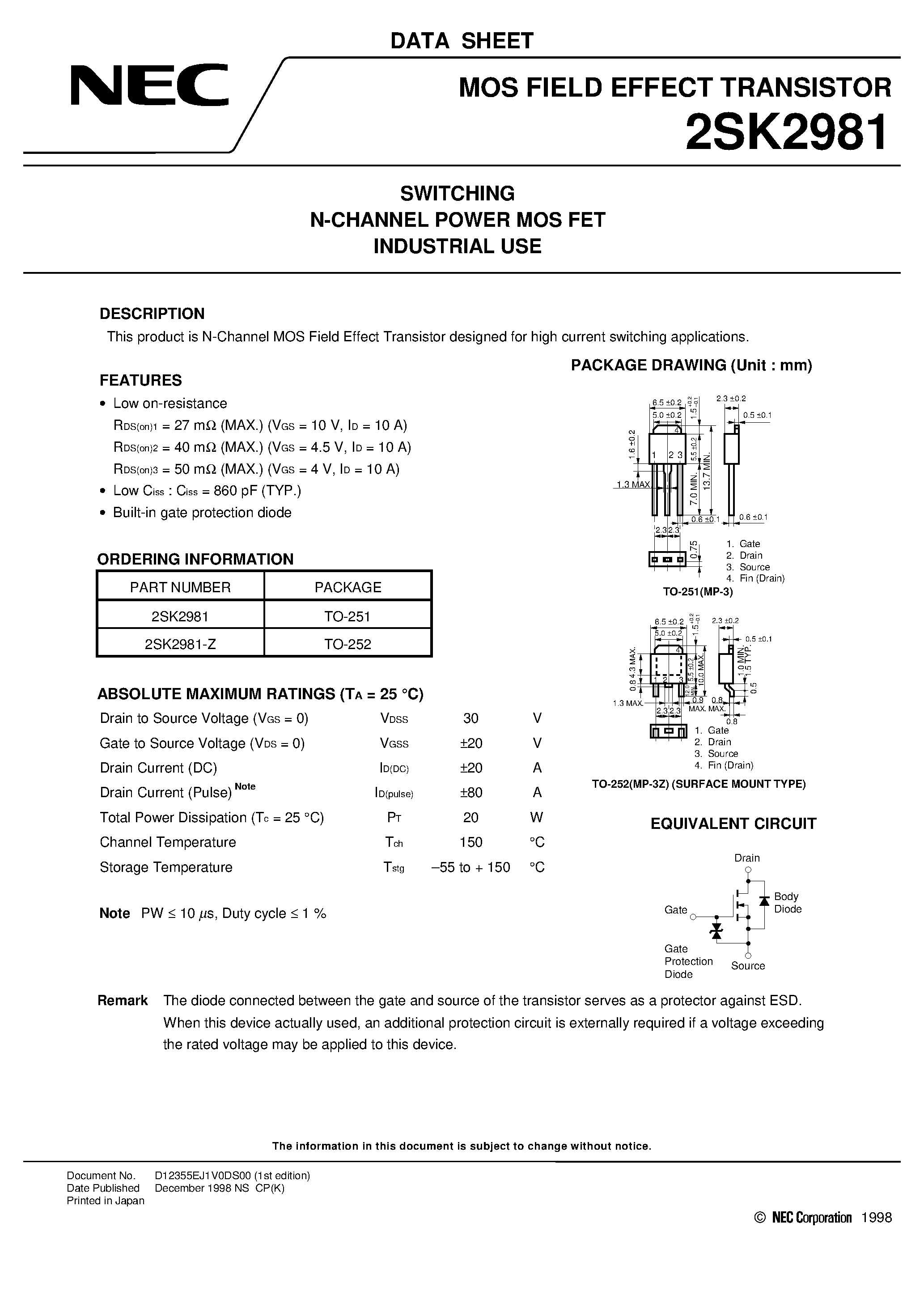 Даташит 2SK2981 - SWITCHING N-CHANNEL POWER MOS FET INDUSTRIAL USE страница 1