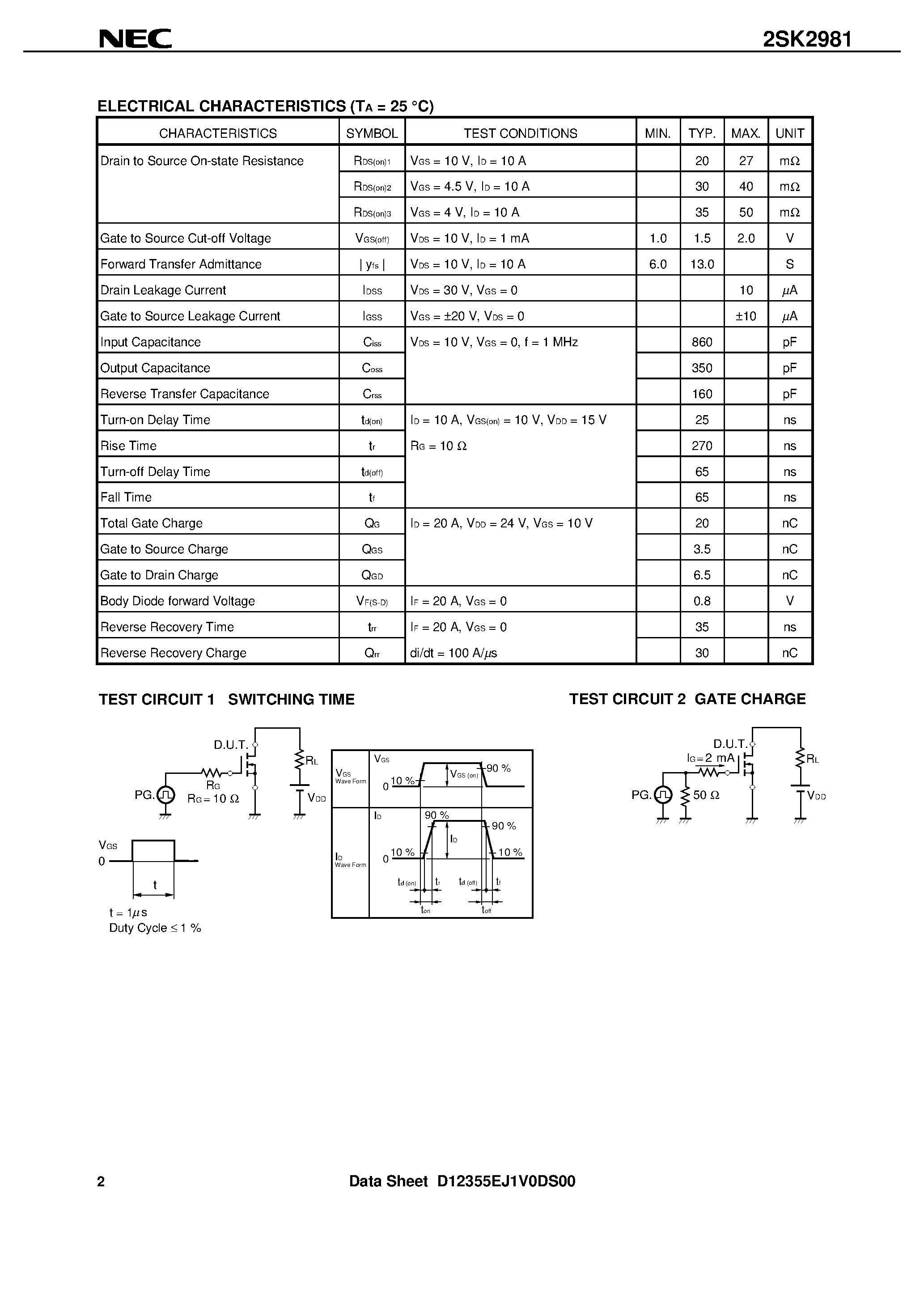 Даташит 2SK2981 - SWITCHING N-CHANNEL POWER MOS FET INDUSTRIAL USE страница 2