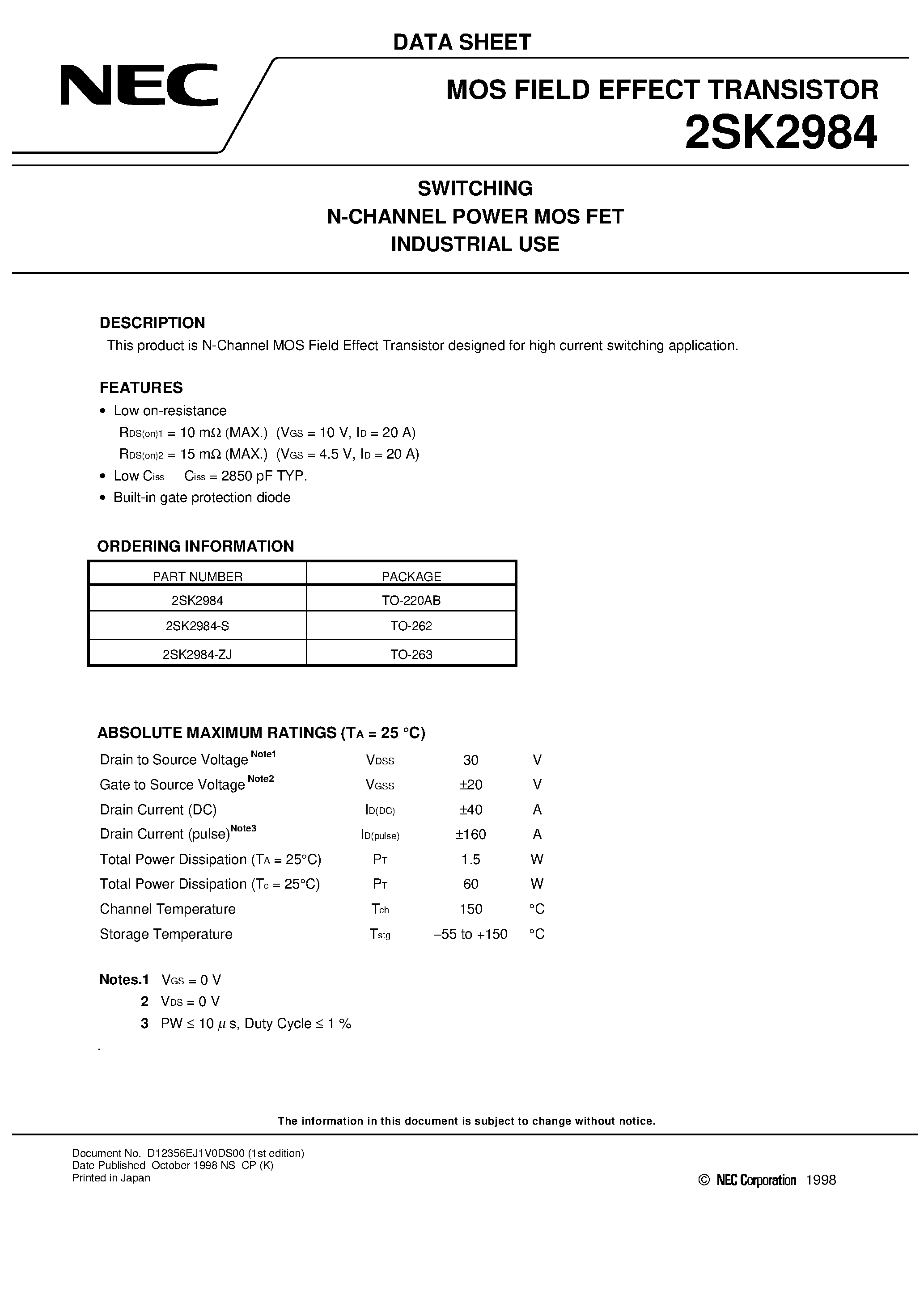Datasheet 2SK2984 - SWITCHING N-CHANNEL POWER MOS FET INDUSTRIAL USE page 1