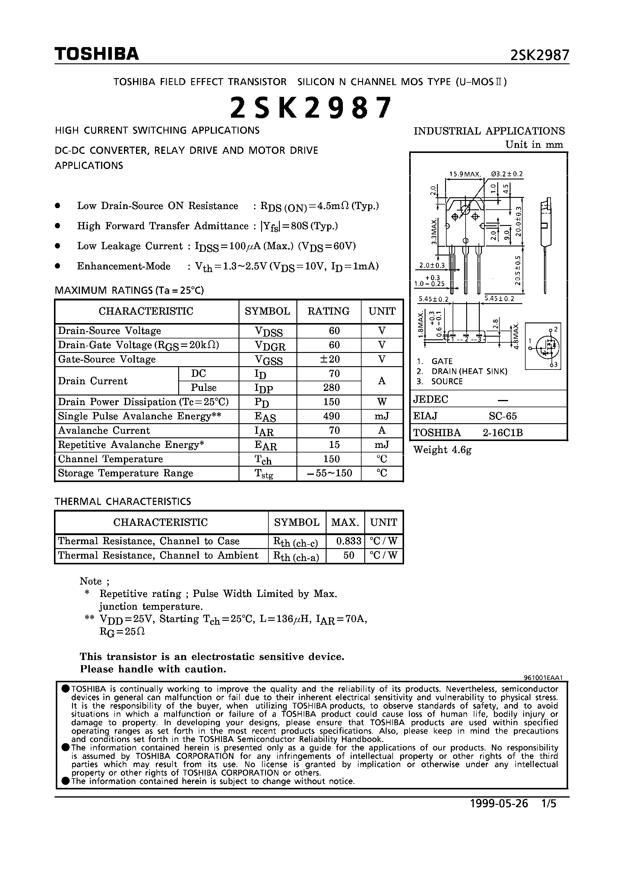 Datasheet 2SK2987 page 1 Datasheet 2SK2987 - N CHANNEL MOS TYPE (HIGH CURRENT SWITCHING/ DC-DC CONVERTER/ RELAY DRIVE AND MOTOR DRIVE APPLICATIONS) page 1