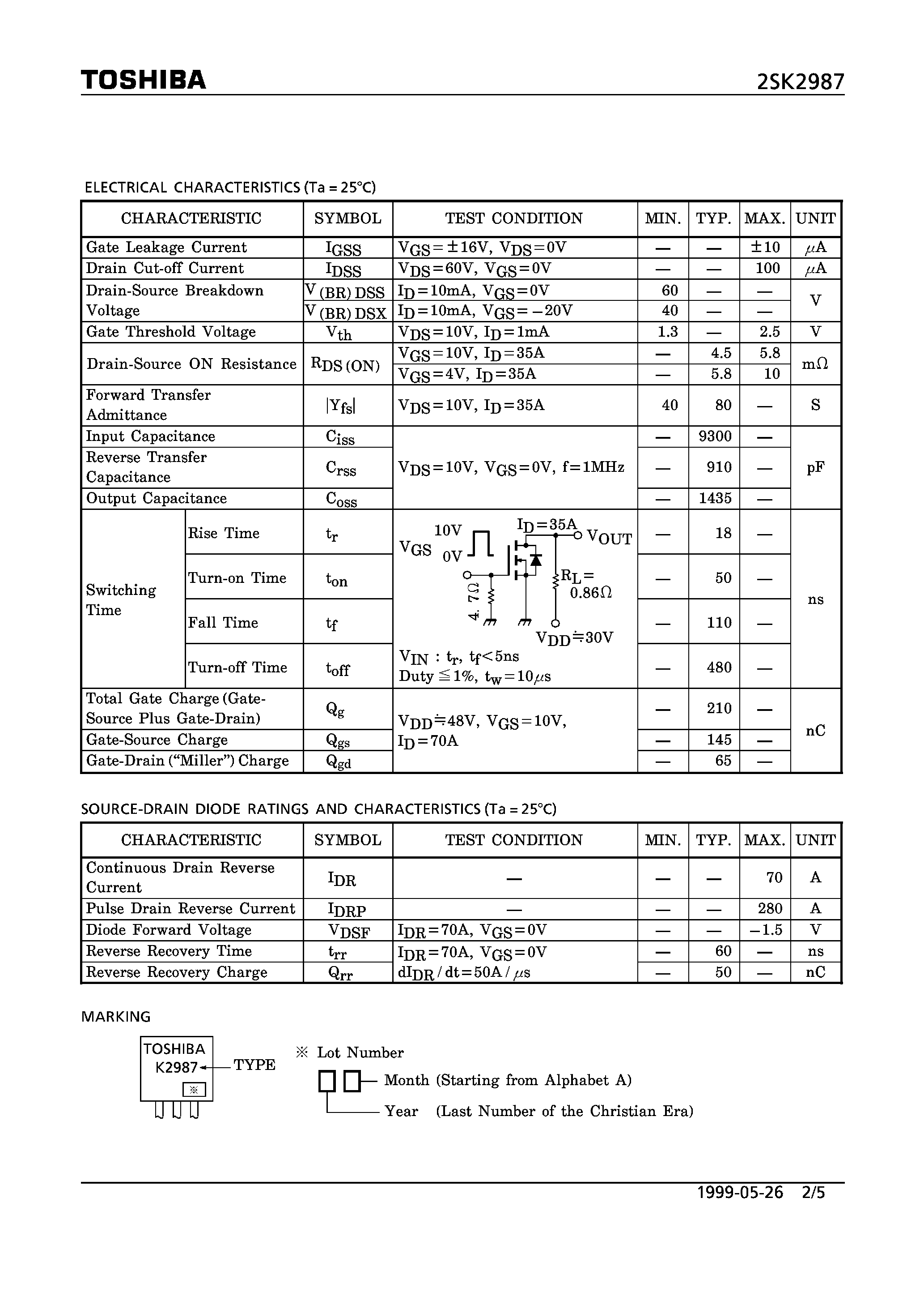 Datasheet 2SK2987 page 2 Datasheet 2SK2987 - N CHANNEL MOS TYPE (HIGH CURRENT SWITCHING/ DC-DC CONVERTER/ RELAY DRIVE AND MOTOR DRIVE APPLICATIONS) page 2
