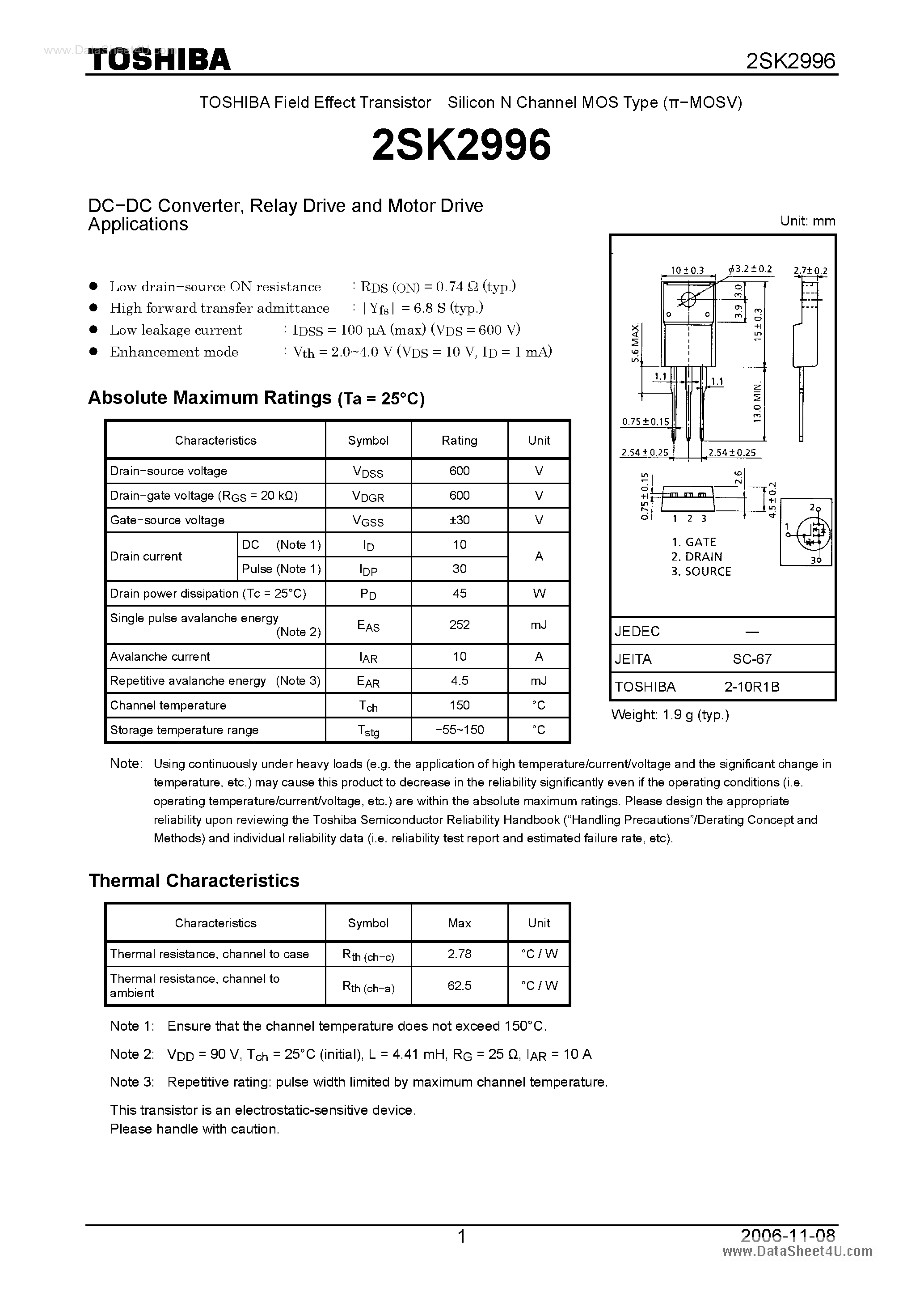 Даташит 2SK2996 - SILICON N CHANNEL MOS TYPE(HIGH SPEED/ HIGH VOLTAGE SWITCHING APPLICATIONS CHOPPER REGULATOR) страница 1