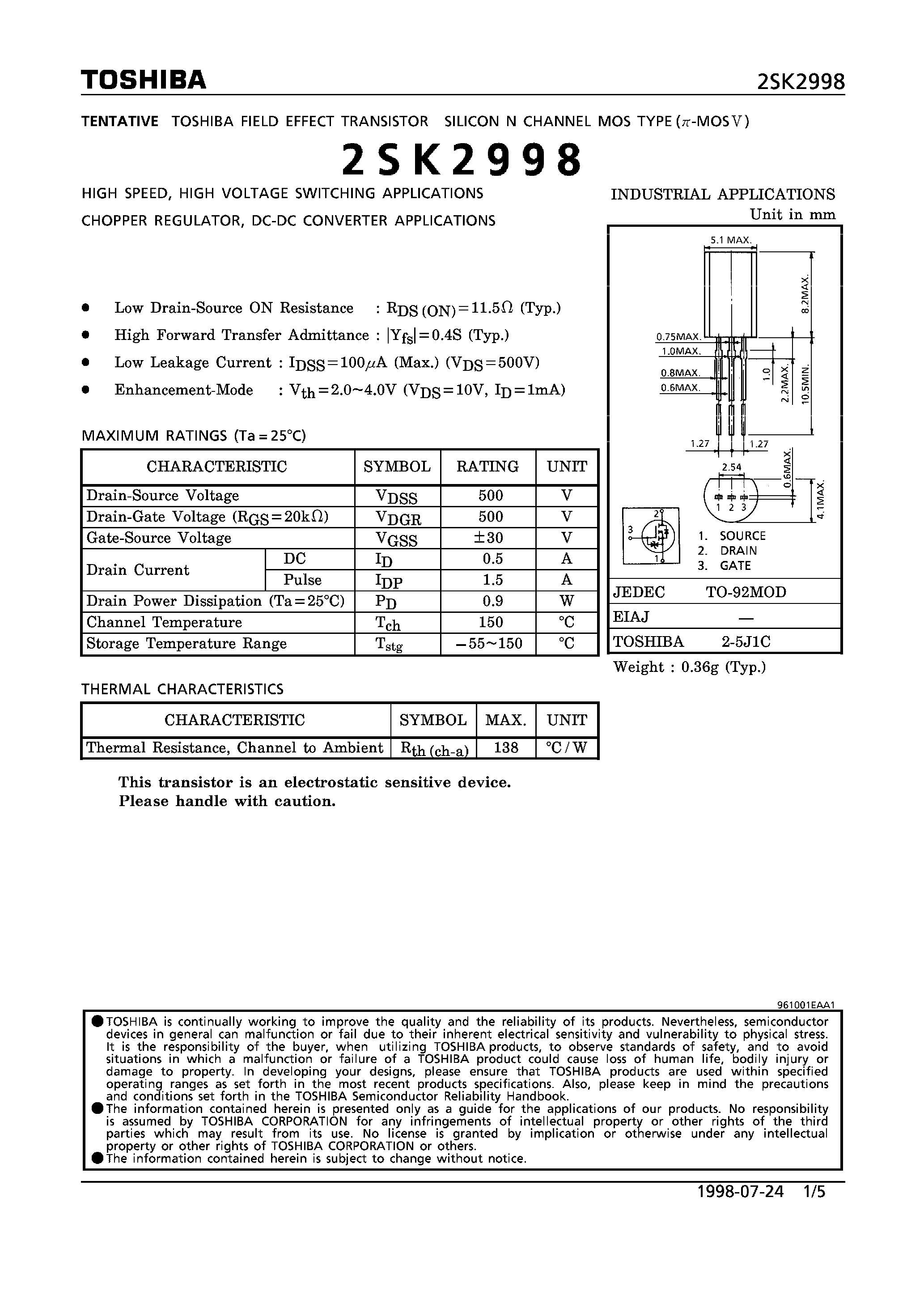 Даташит 2SK2998 - N CHANNEL MOS TYPE (HIGH SPEED/ HIGH VOLTAGE SWITCHING/ CHOPPER REGULATOR/ DC-DC CONVERTER APPLICATIONS) страница 1