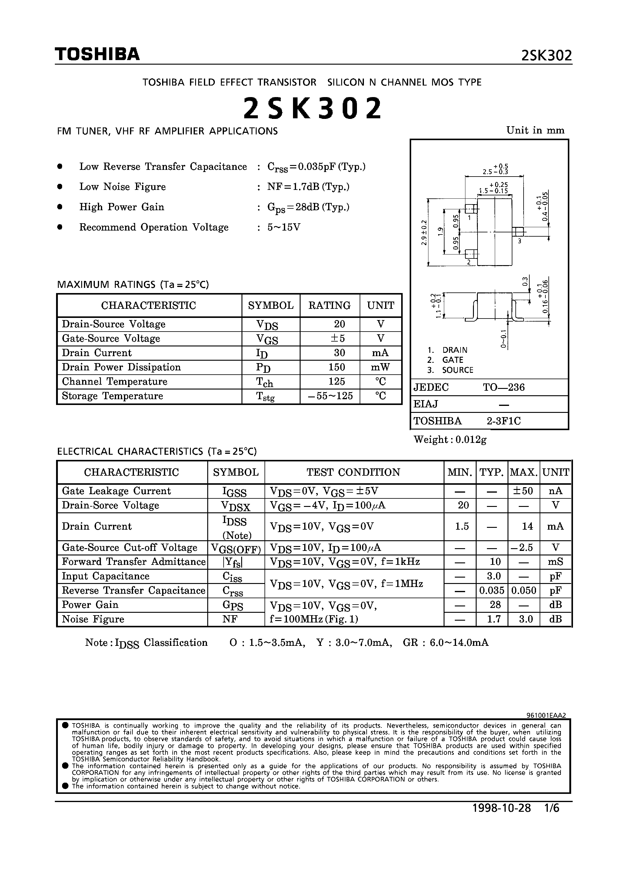 Datasheet 2SK30 - N CHANNEL JUNCTION TYPE (LOW NOISE PRE-AMPLIFIER/ TONE CONTROL AMPLIFIER AND DC-AC HIGH INPUT IMPEDANCE AMPLIFIER CIRCUIT APPLICATIONS) page 1