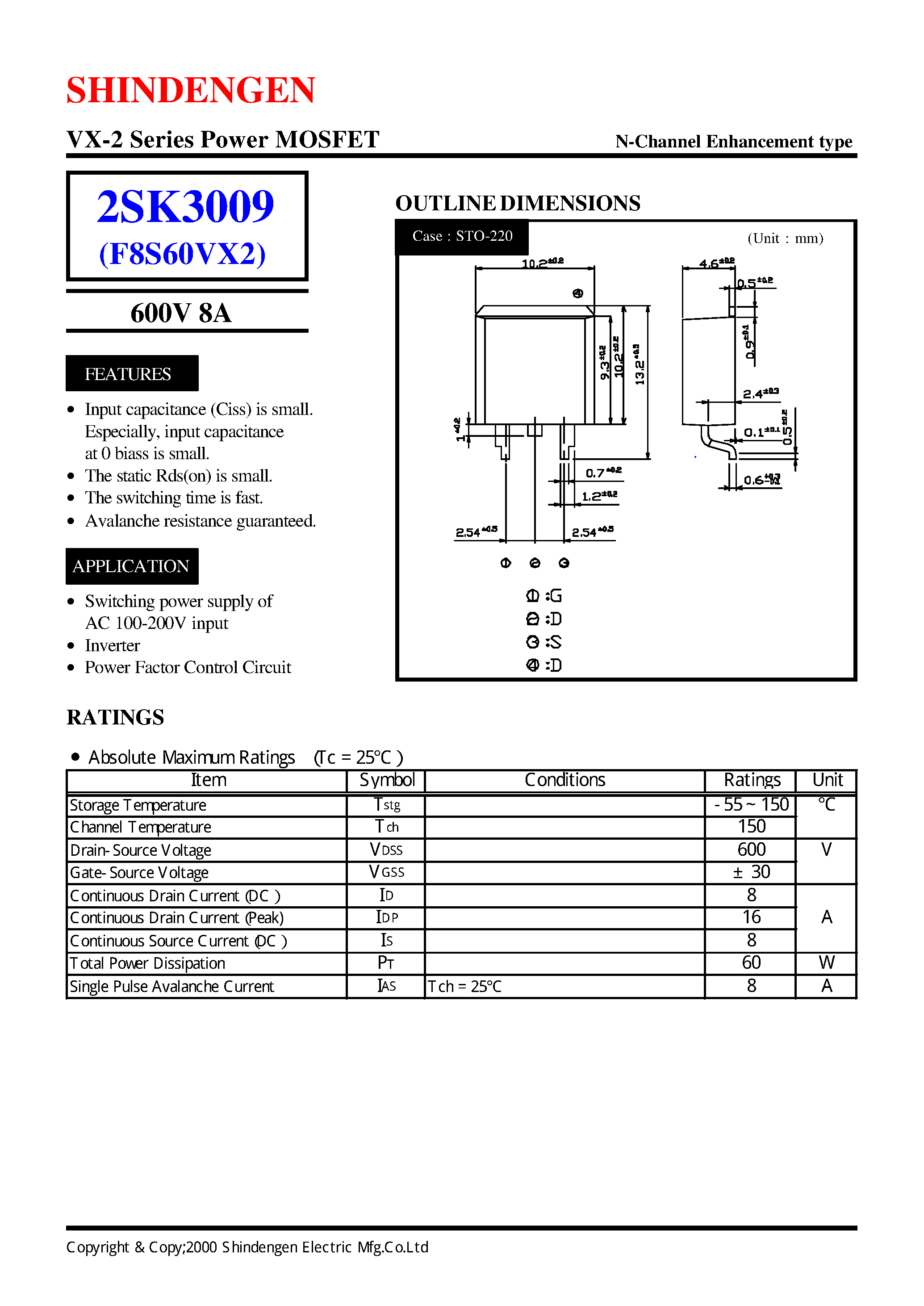 Даташит 2SK3009 - VX-2 Series Power MOSFET(600V 8A) страница 1