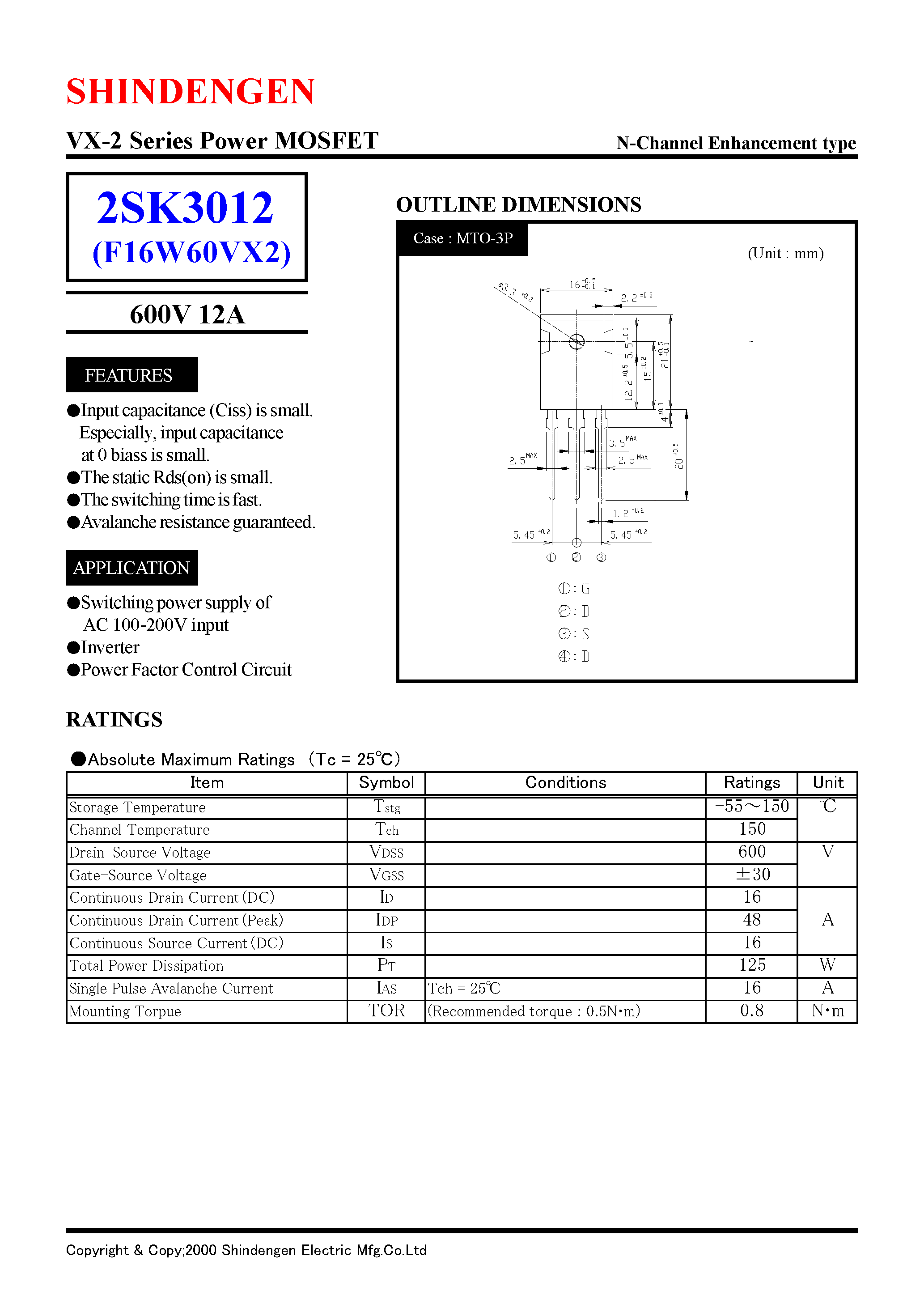 Даташит 2SK3012 - VX-2 Series Power MOSFET(600V 12A) страница 1