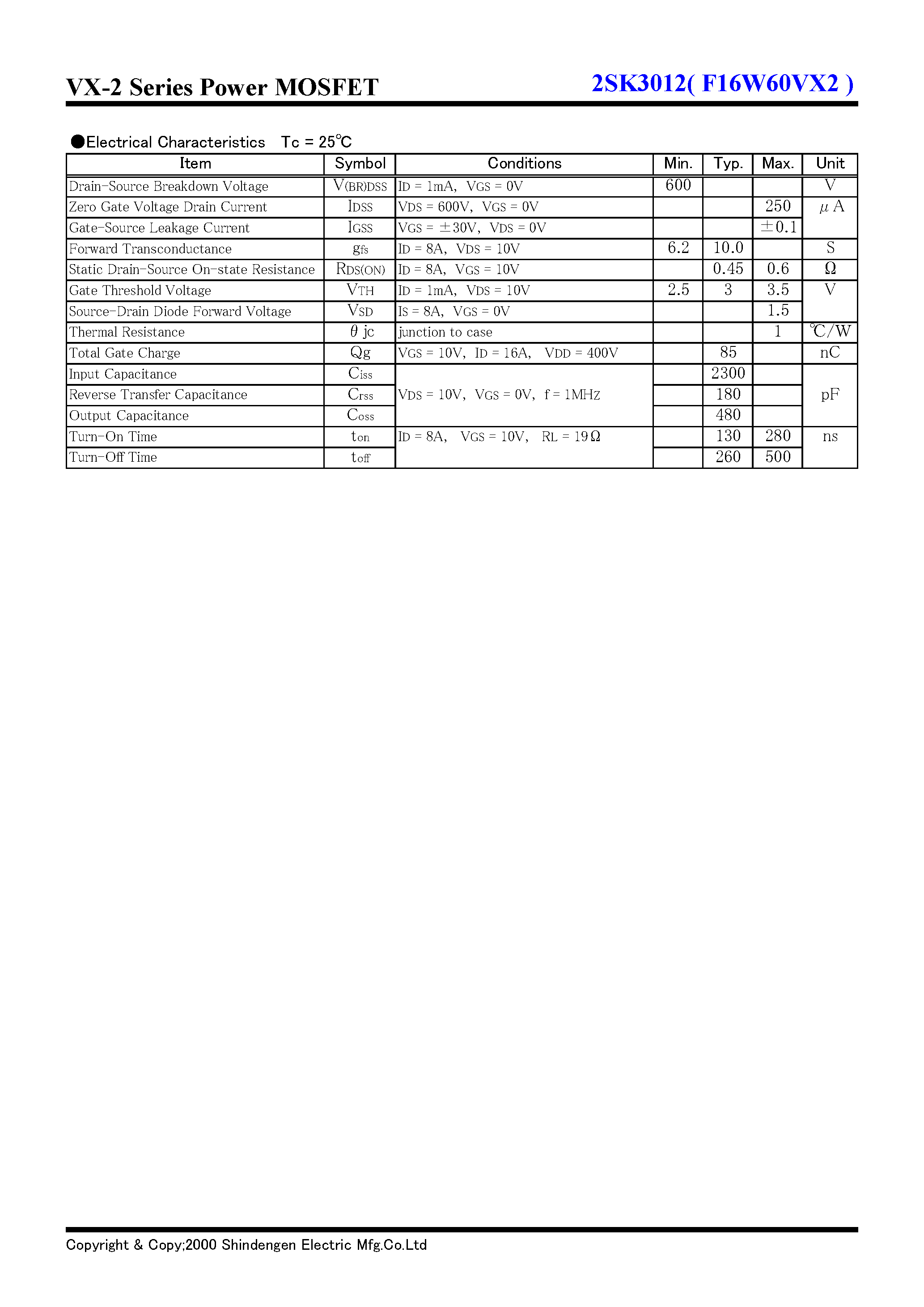 Даташит 2SK3012 - VX-2 Series Power MOSFET(600V 12A) страница 2