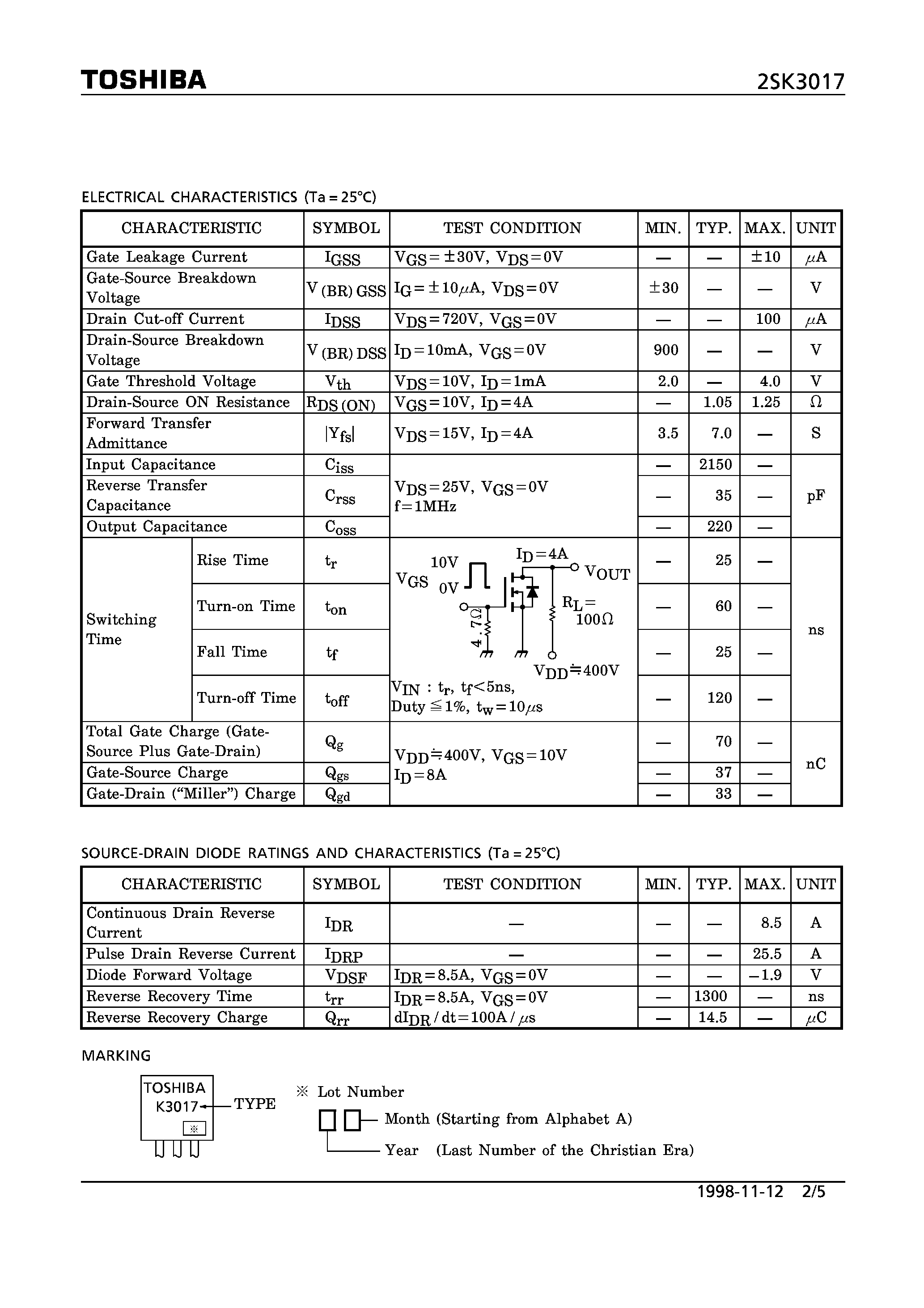Datasheet 2SK3017 page 2 Datasheet 2SK3017 - N CHANNEL MOS TYPE (HIGH VOLTAGE SWITCHING/ DC-DC CONVERTER/ RELAY DRIVE AND MOTOR DRIVE APPLICATIONS) page 2