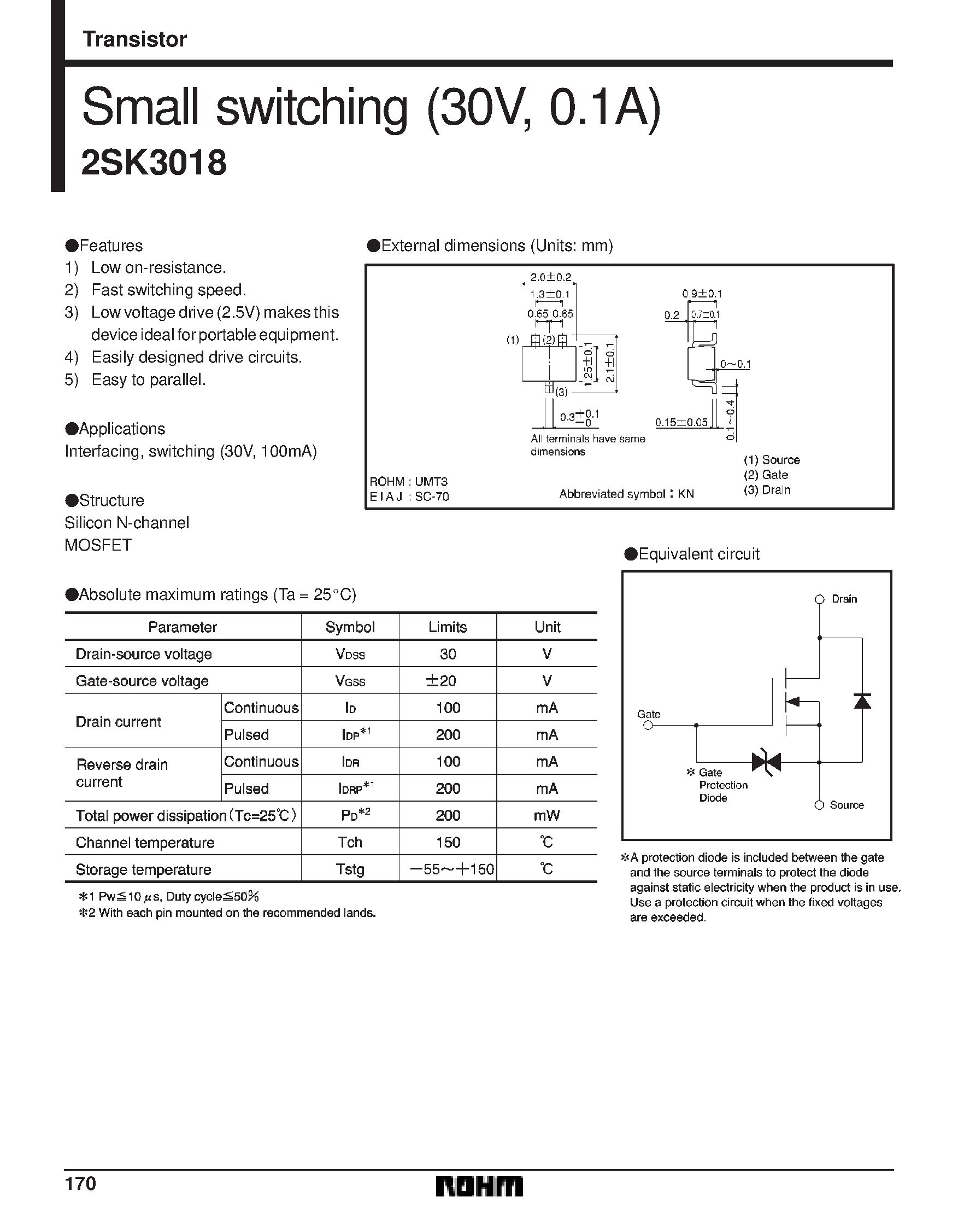 Datasheet 2SK3018 - Small switching (30V/ 0.1A) page 1