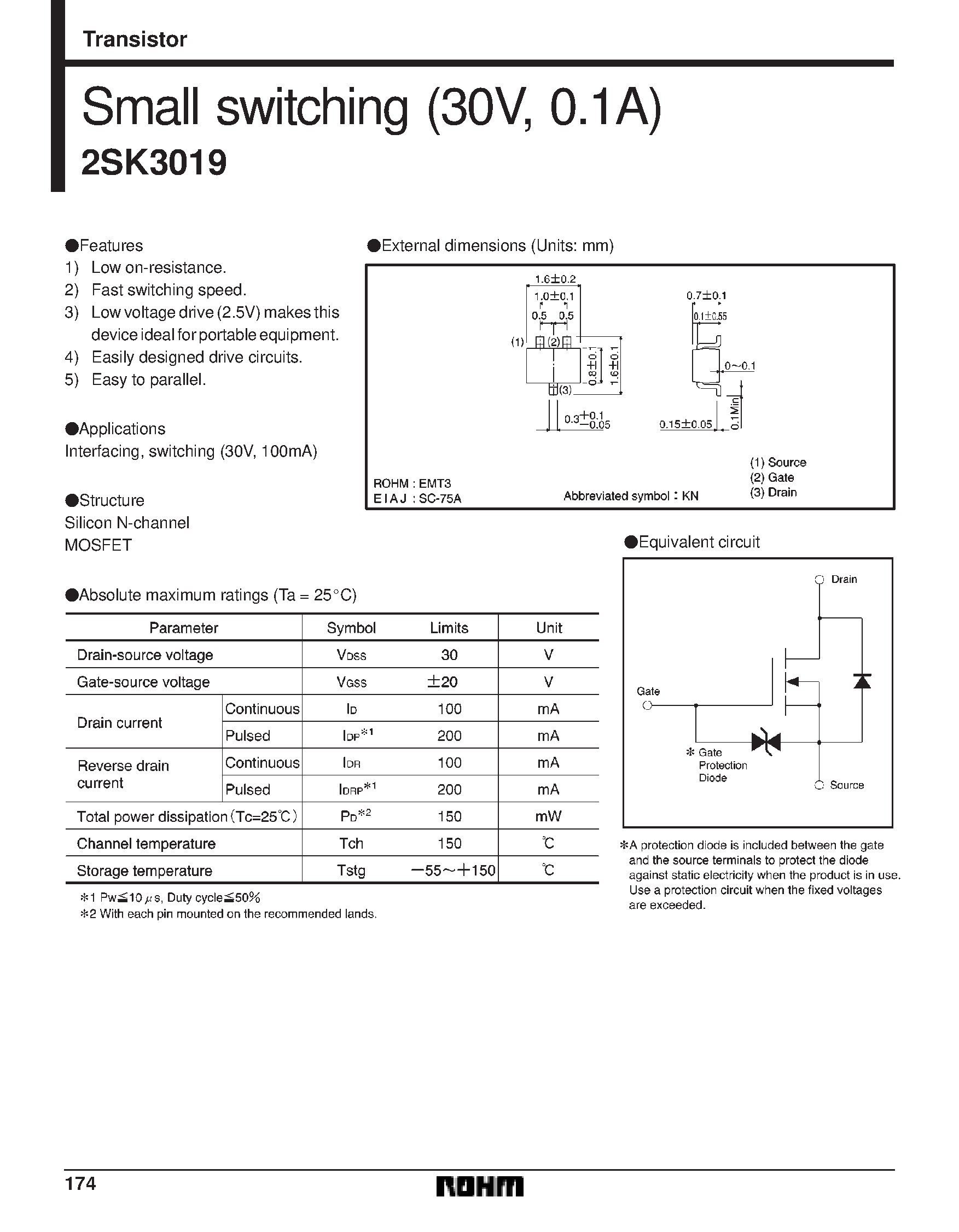 Datasheet 2SK3019 - Small switching (30V/ 0.1A) page 1