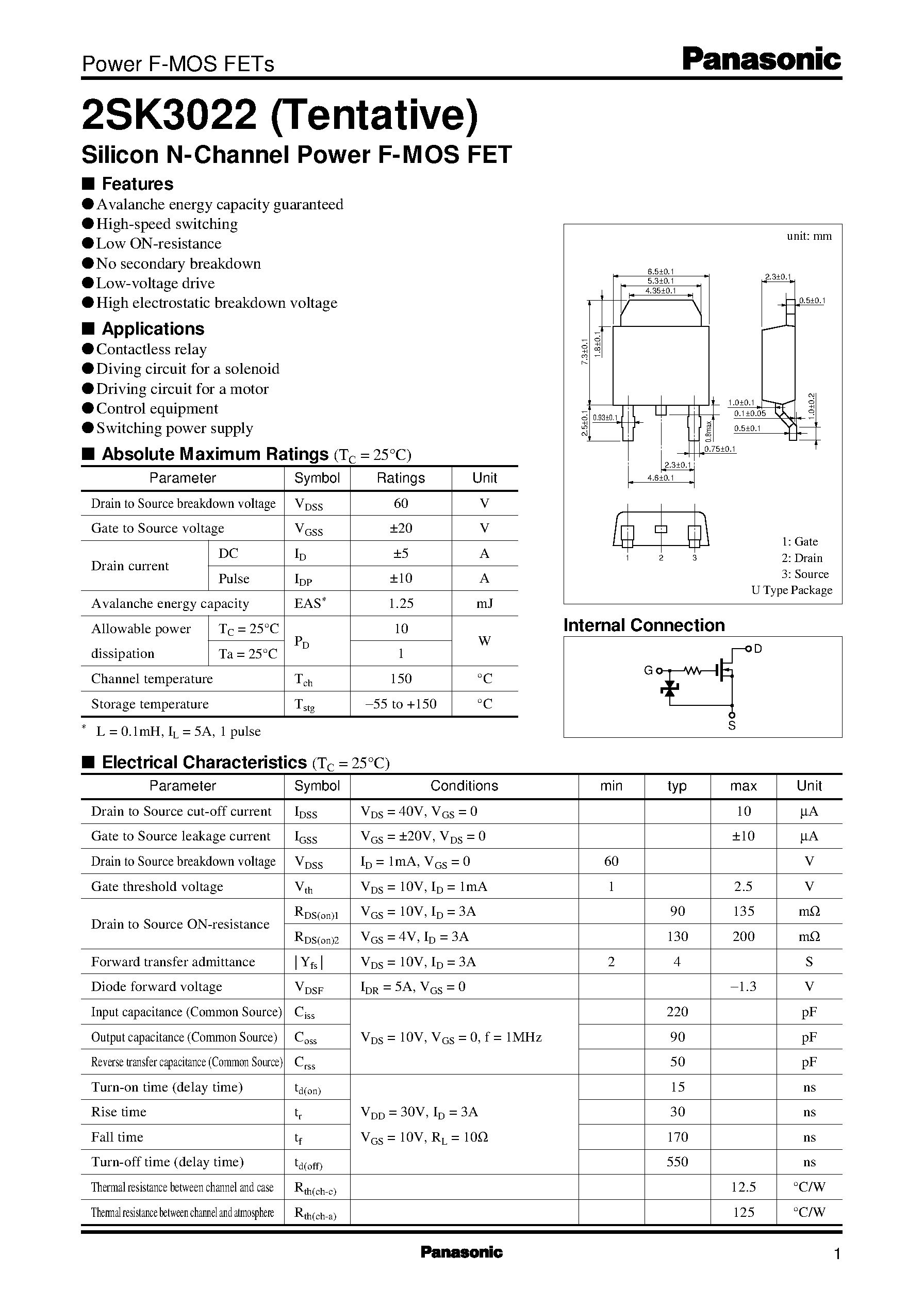 Datasheet 2SK3022 - Silicon N-Channel Power F-MOS FET page 1