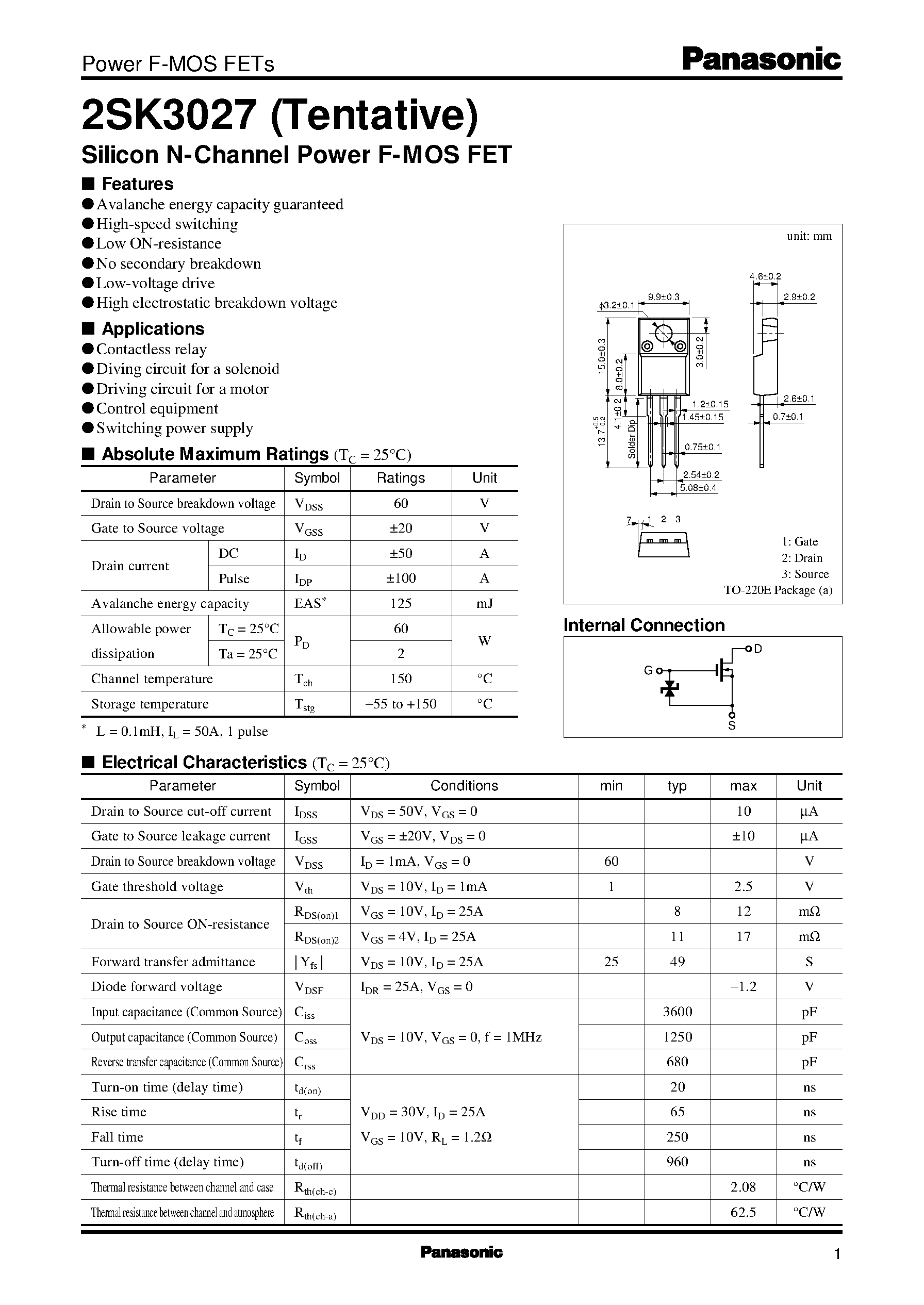 Datasheet 2SK3027 - Silicon N-Channel Power F-MOS FET page 1