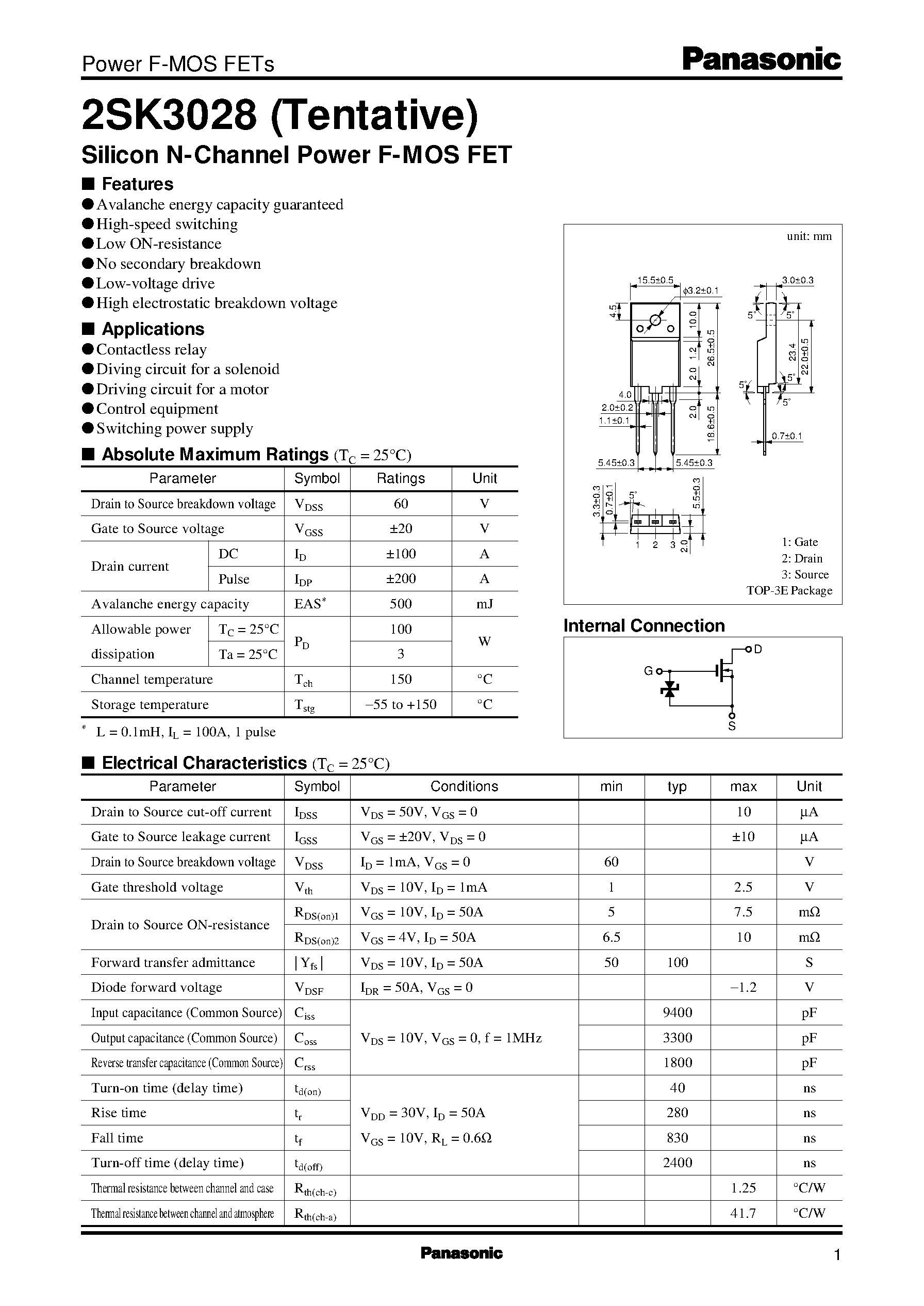 Datasheet 2SK3028 - Silicon N-Channel Power F-MOS FET page 1