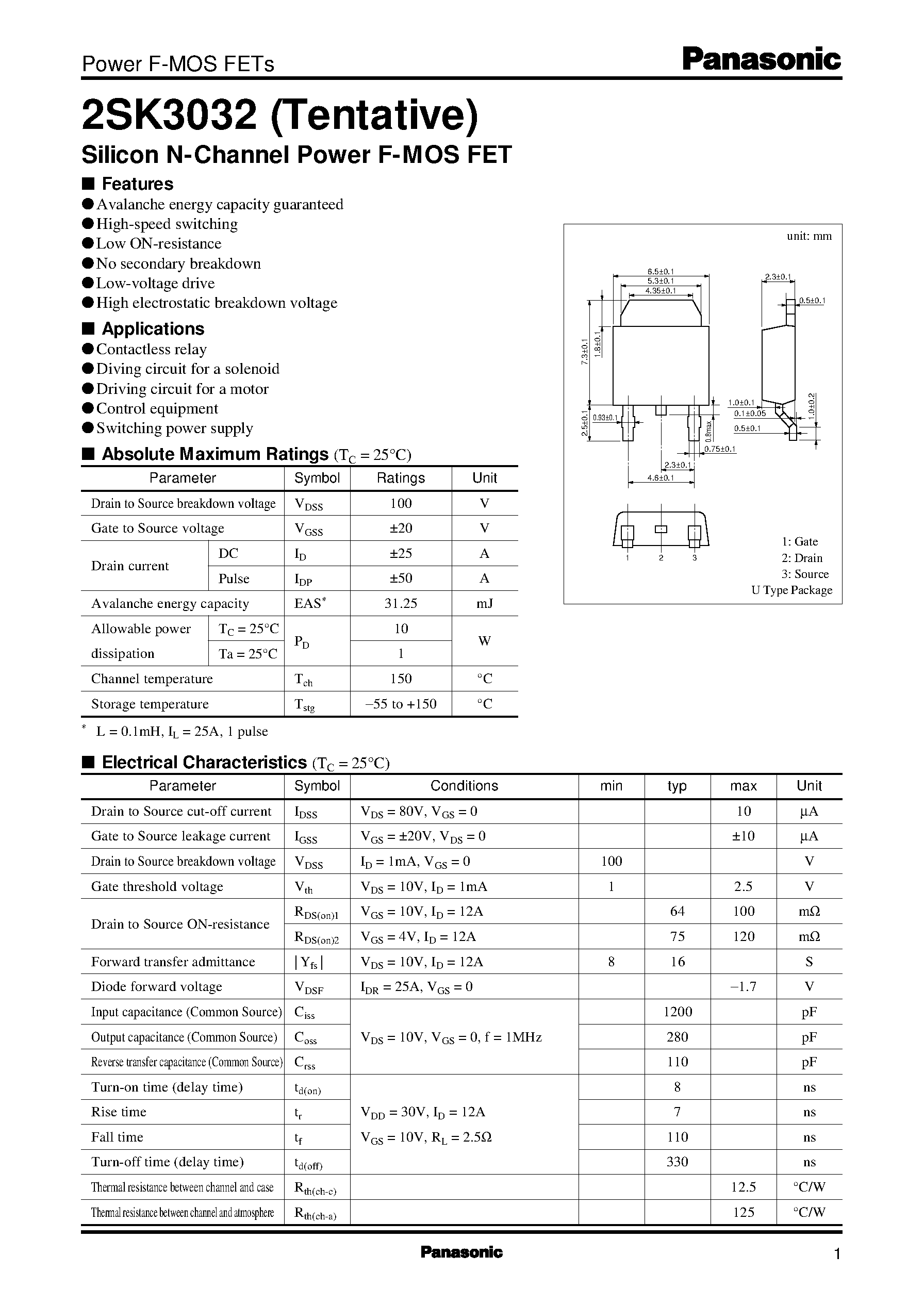 Datasheet 2SK3032 - Silicon N-Channel Power F-MOS FET page 1