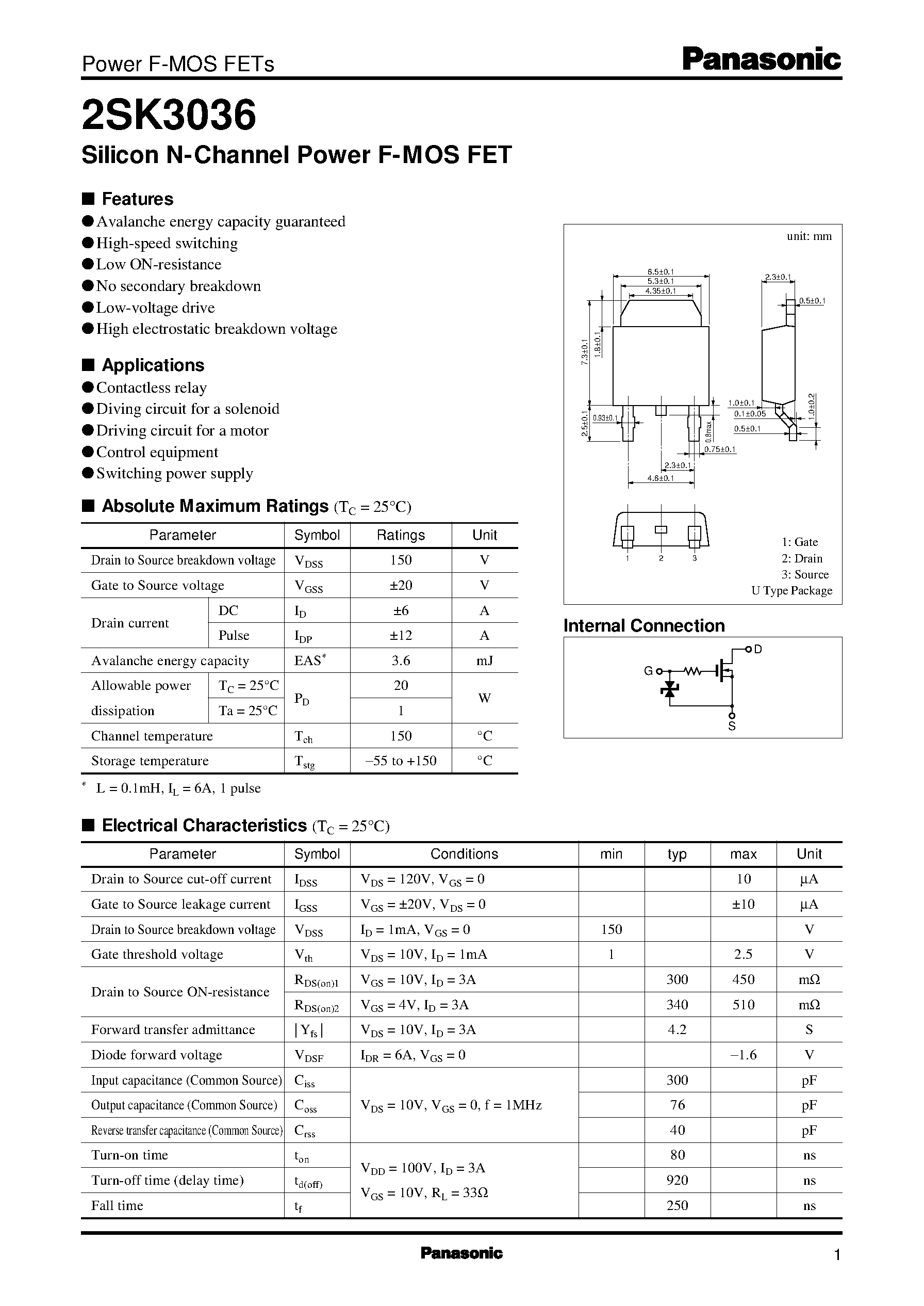 Datasheet 2SK3036 - Silicon N-Channel Power F-MOS FET page 1