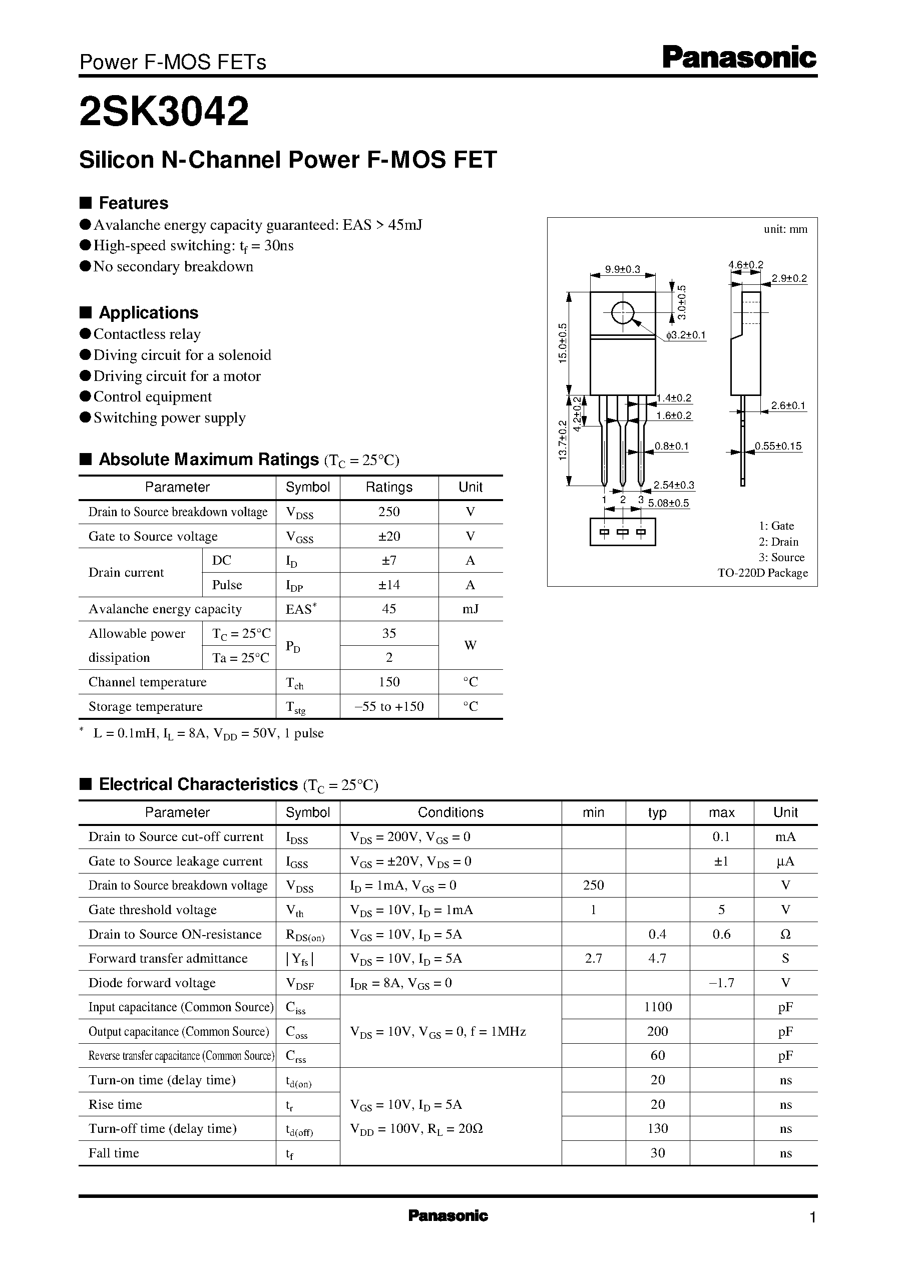 Даташит на микросхему 2SK3042 страница 1 Даташит 2SK3042 - Silicon N-Channel Power F-MOS FET страница 1