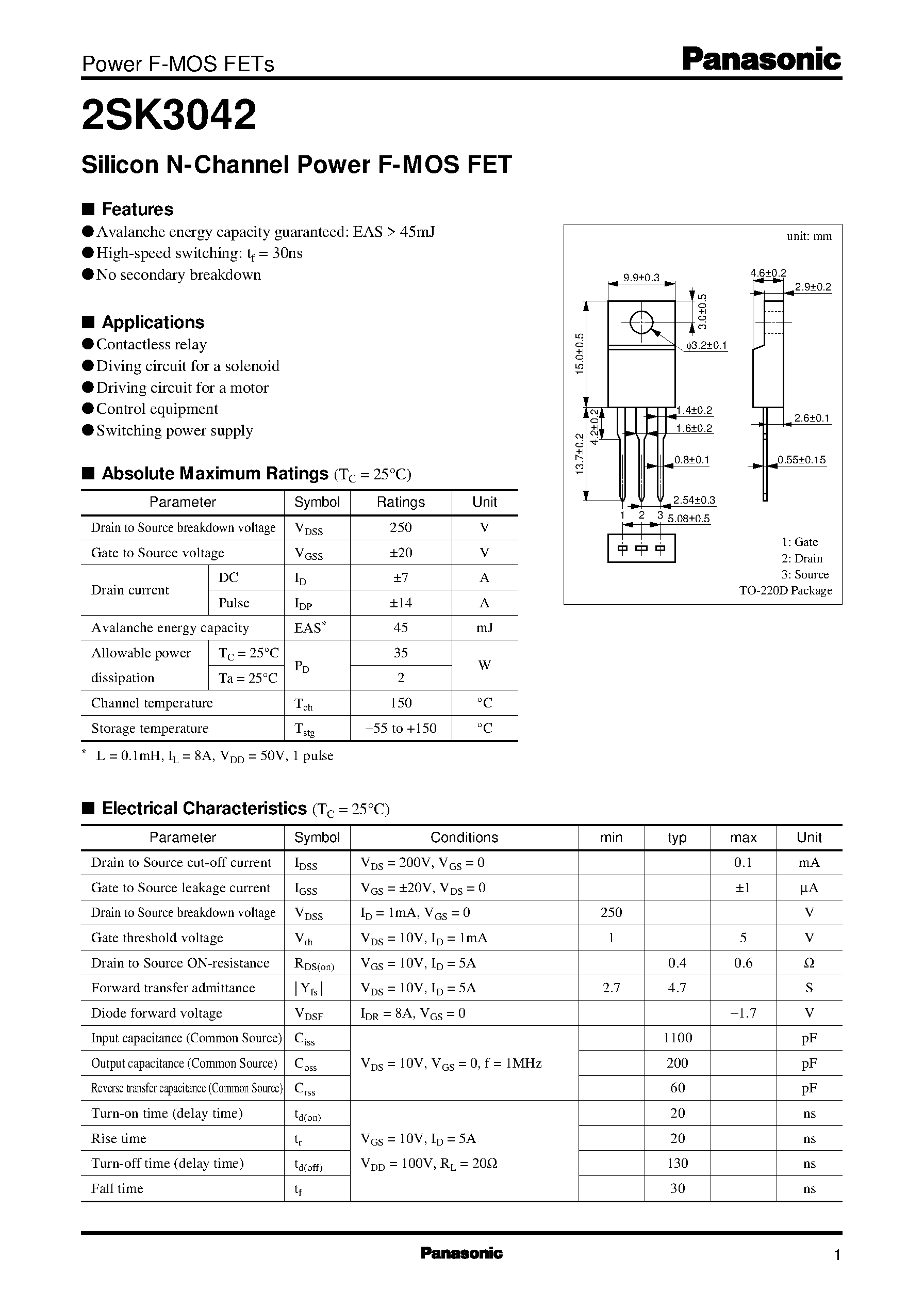 Datasheet 2SK3042 - Silicon N-Channel Power F-MOS FET page 1