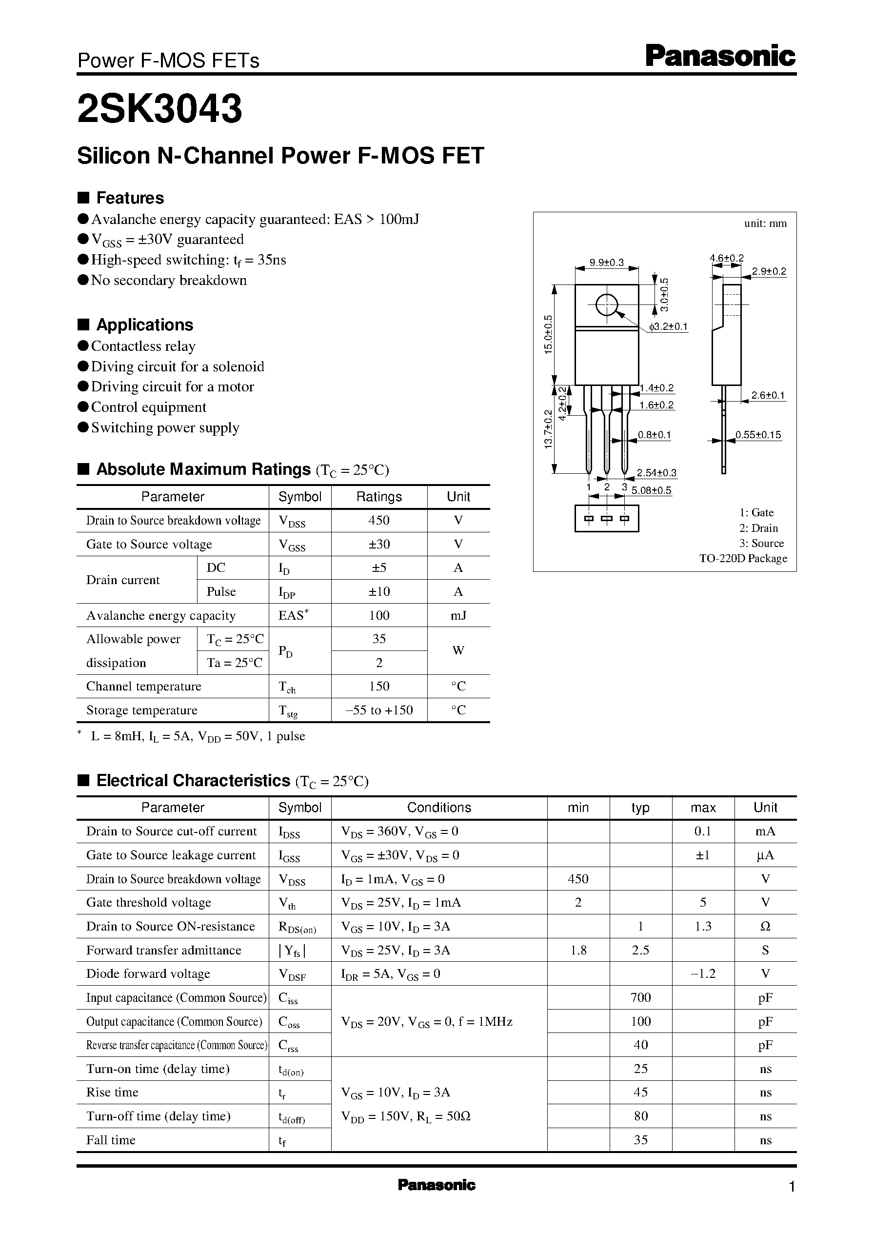 Даташит на микросхему 2SK3043 страница 1 Даташит 2SK3043 - Silicon N-Channel Power F-MOS FET страница 1