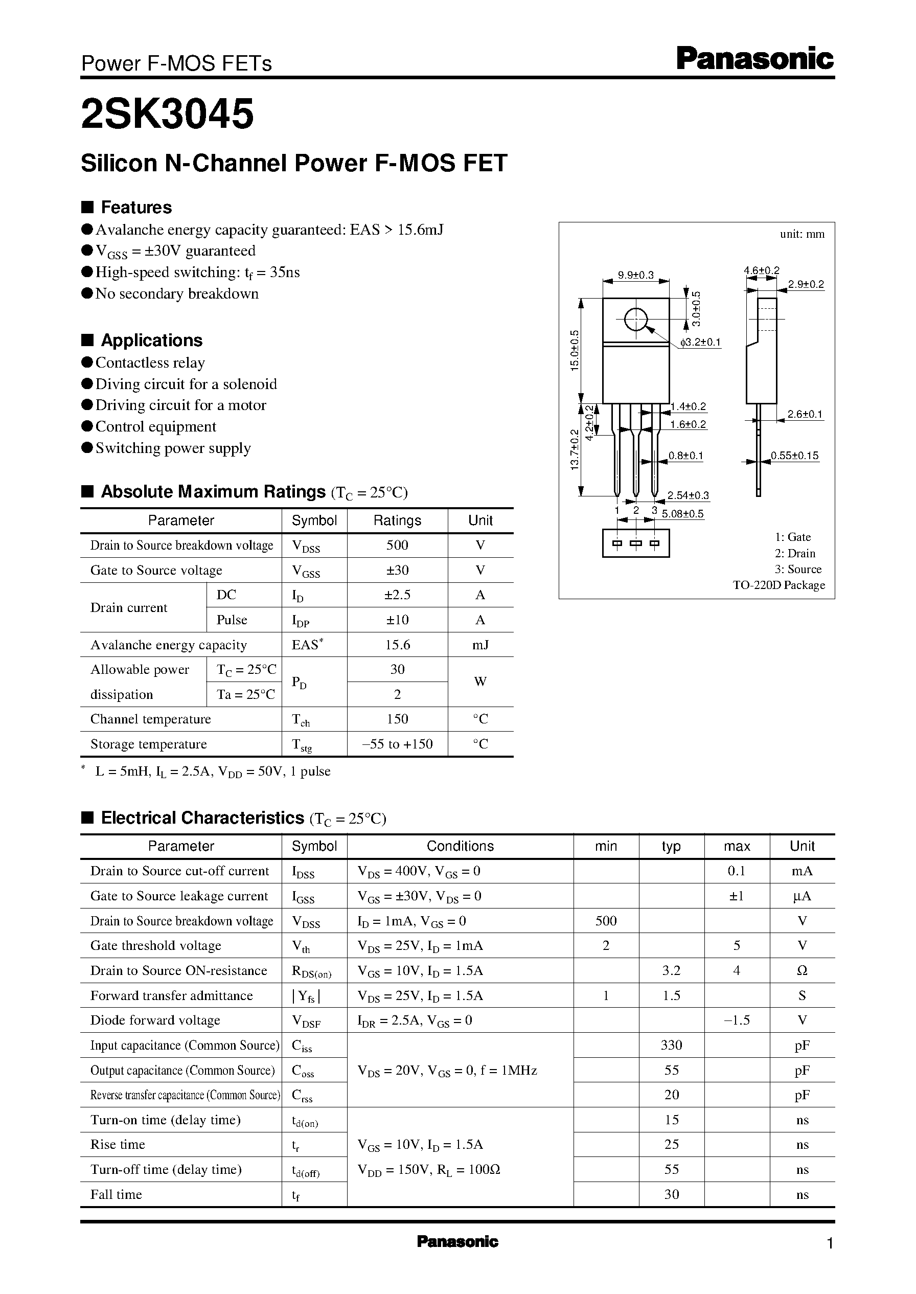 Даташит на микросхему 2SK3045 страница 1 Даташит 2SK3045 - Silicon N-Channel Power F-MOS FET страница 1