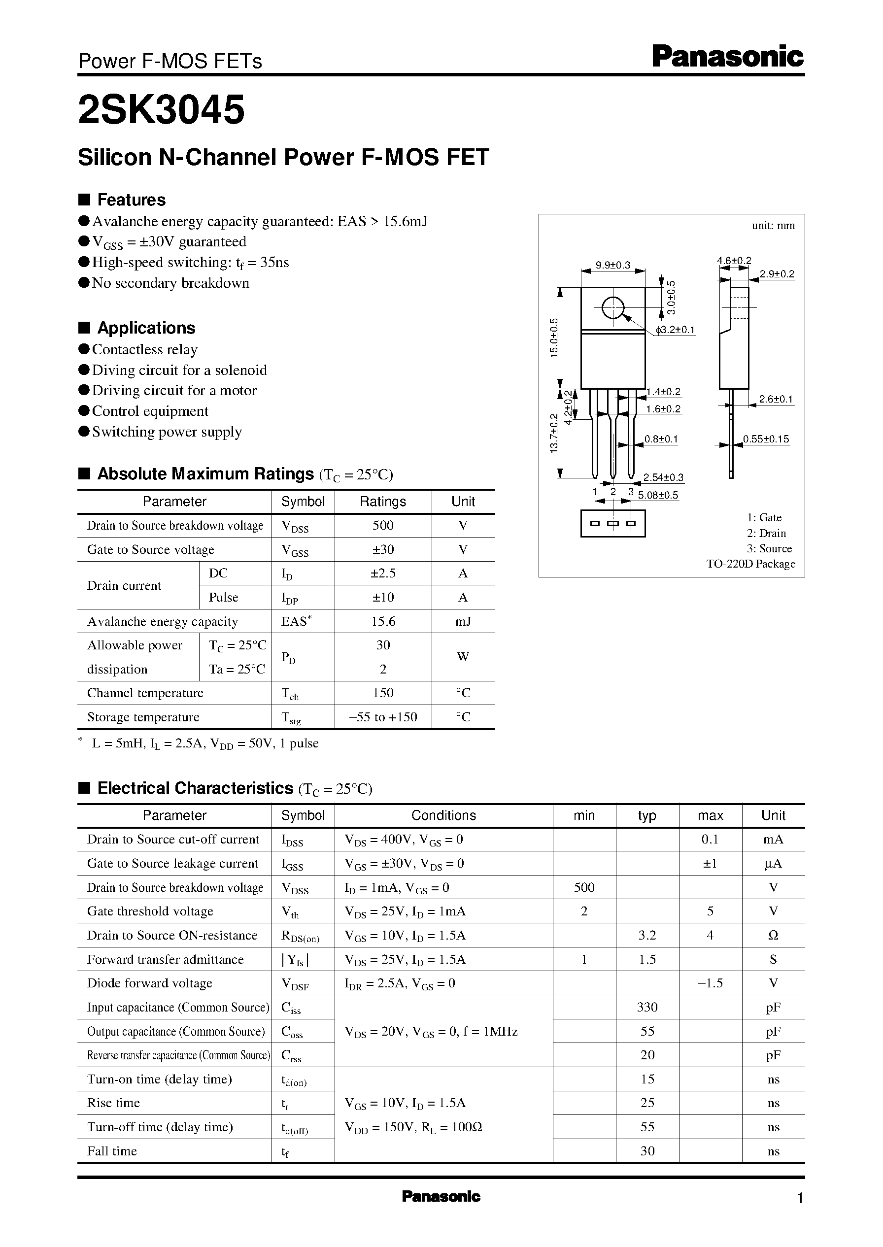 Datasheet 2SK3045 - Silicon N-Channel Power F-MOS FET page 1