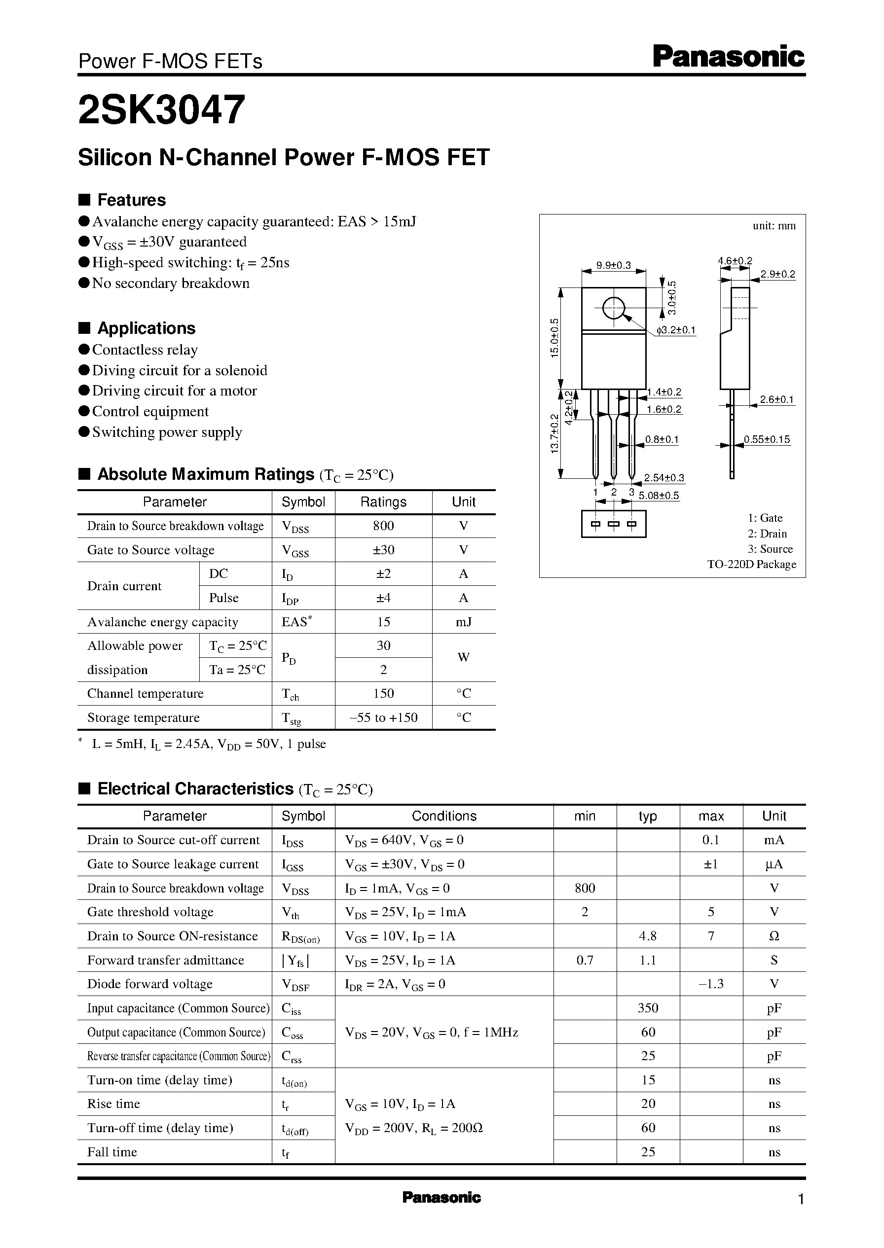 Datasheet 2SK3047 - Silicon N-Channel Power F-MOS FET page 1