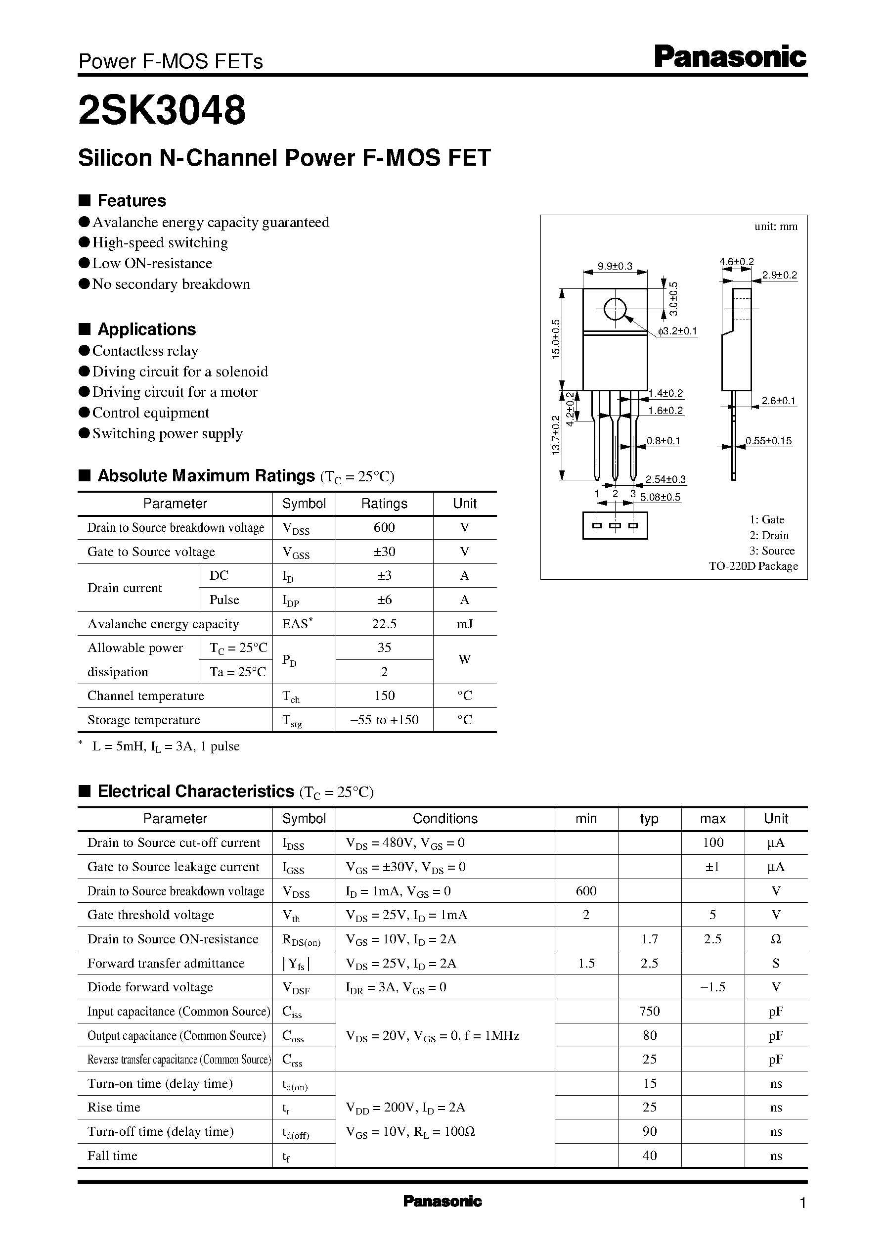 Datasheet 2SK3048 - Silicon N-Channel Power F-MOS FET page 1