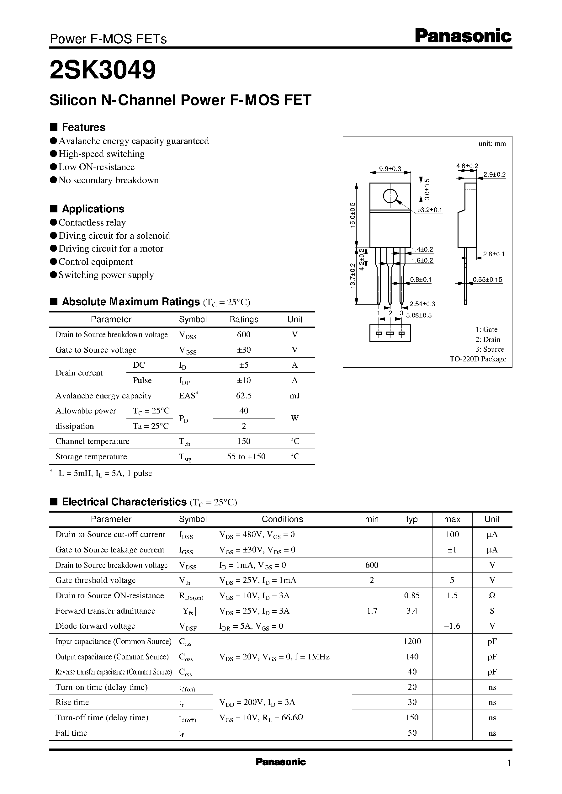 Даташит на микросхему 2SK3049 страница 1 Даташит 2SK3049 - Silicon N-Channel Power F-MOS FET страница 1