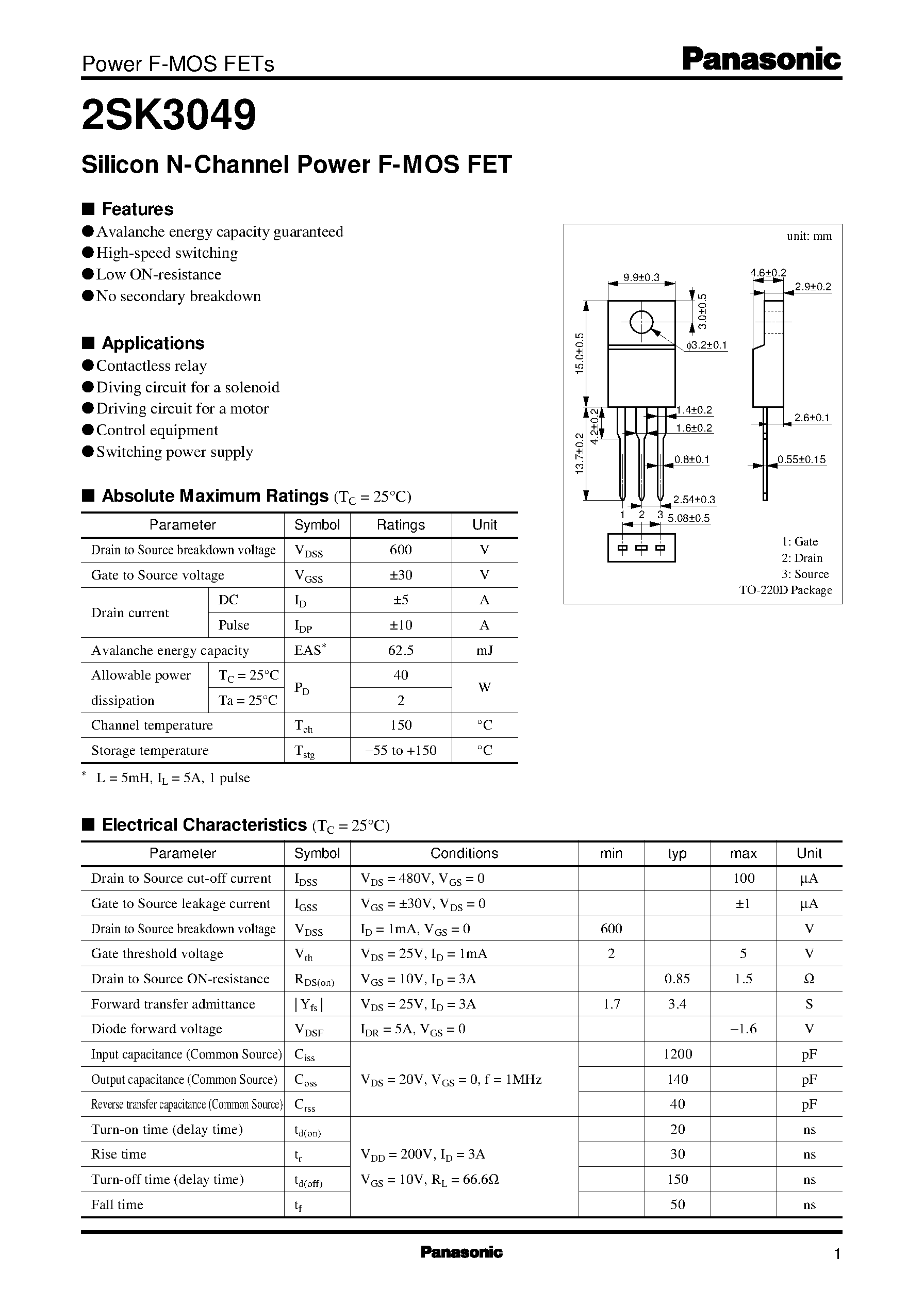 Datasheet 2SK3049 - Silicon N-Channel Power F-MOS FET page 1