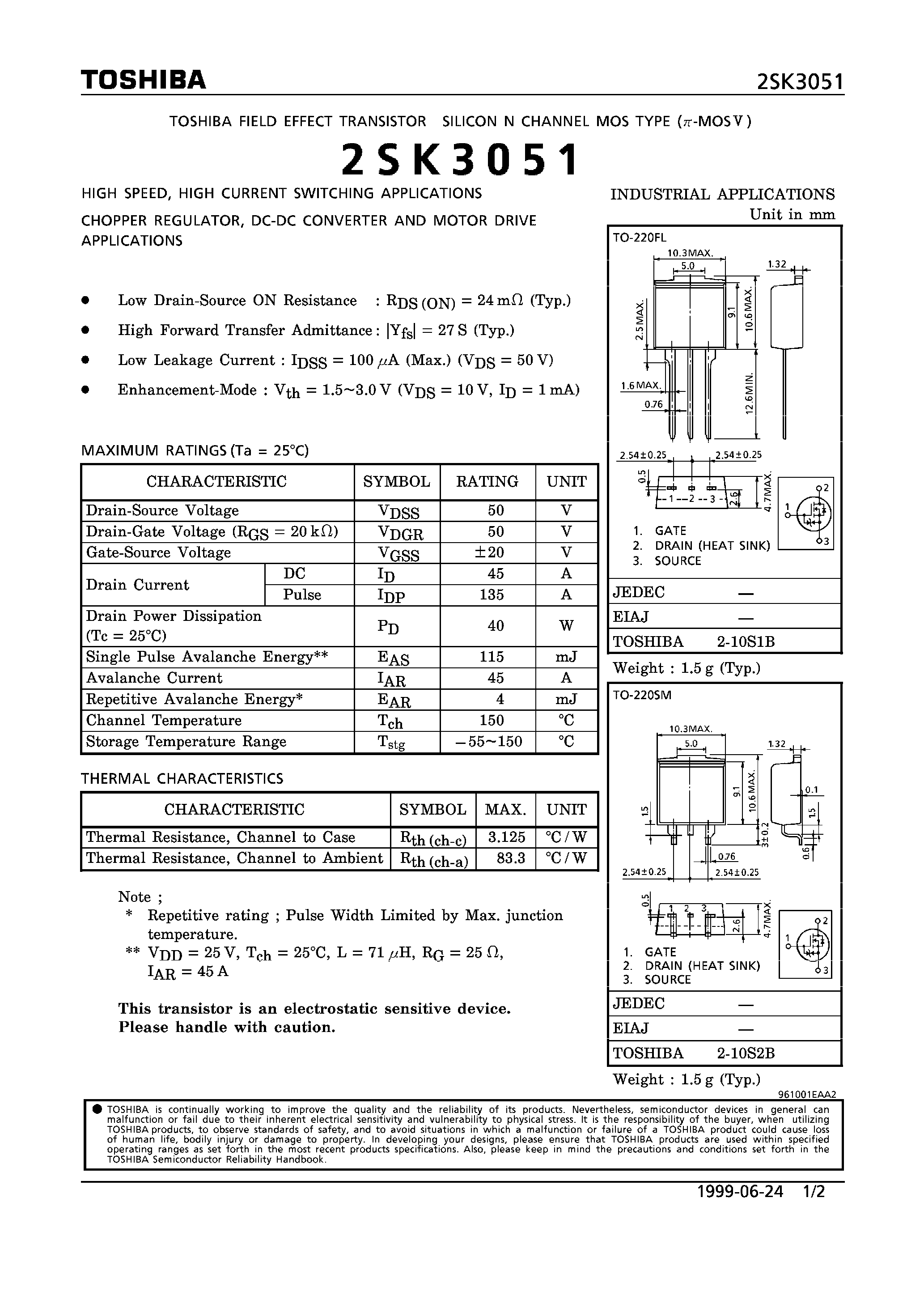 Datasheet 2SK3051 - N CHANNEL MOS TYPE (HIGH SPEED/ HIGH CURRENT SWITCHING/ CHOPPER REGULATOR/ DC-DC CONVERTER AND MOTOR DRIVE APPLICATIONS) page 1