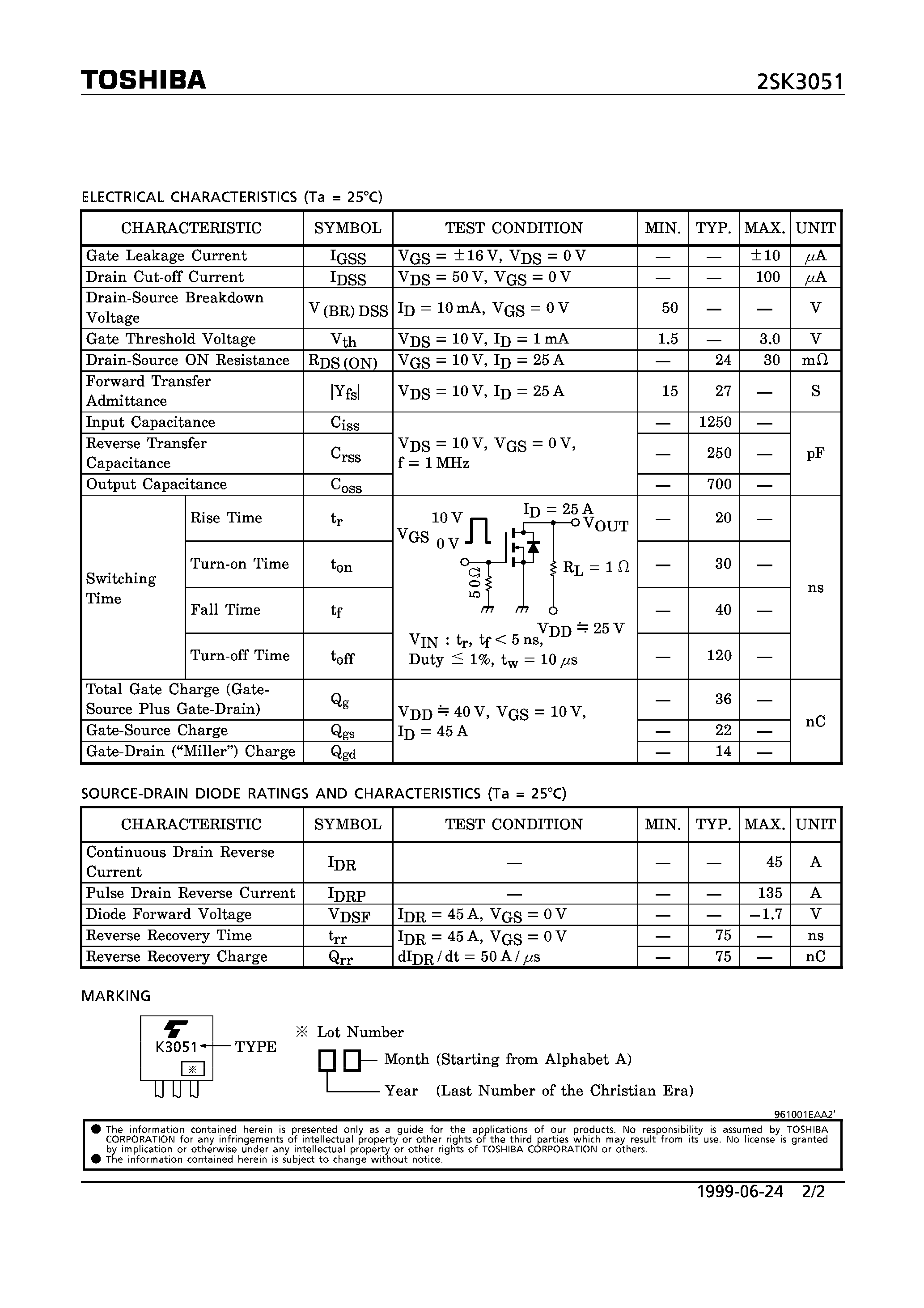 Datasheet 2SK3051 - N CHANNEL MOS TYPE (HIGH SPEED/ HIGH CURRENT SWITCHING/ CHOPPER REGULATOR/ DC-DC CONVERTER AND MOTOR DRIVE APPLICATIONS) page 2