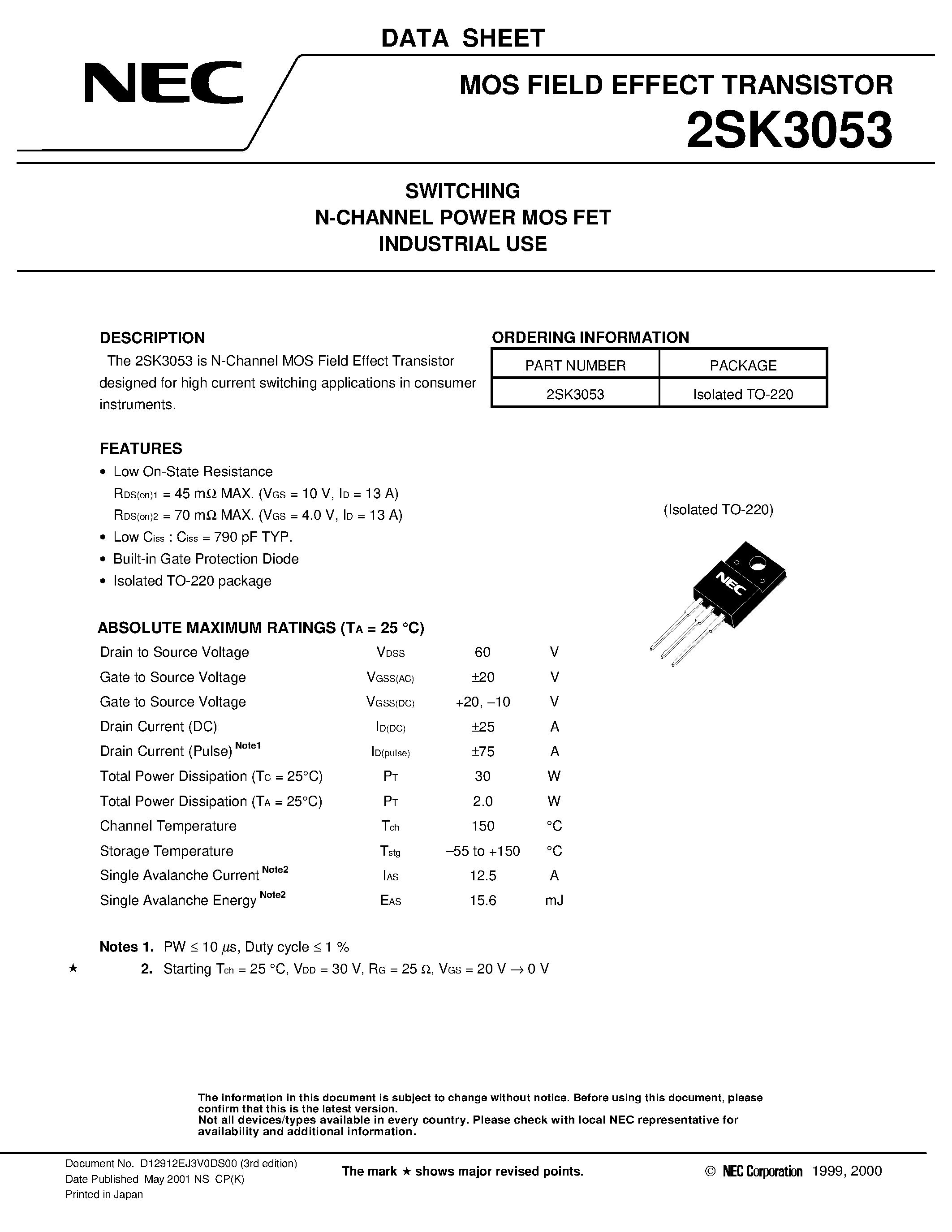 Datasheet 2SK3053 - SWITCHING N-CHANNEL POWER MOS FET INDUSTRIAL USE page 1
