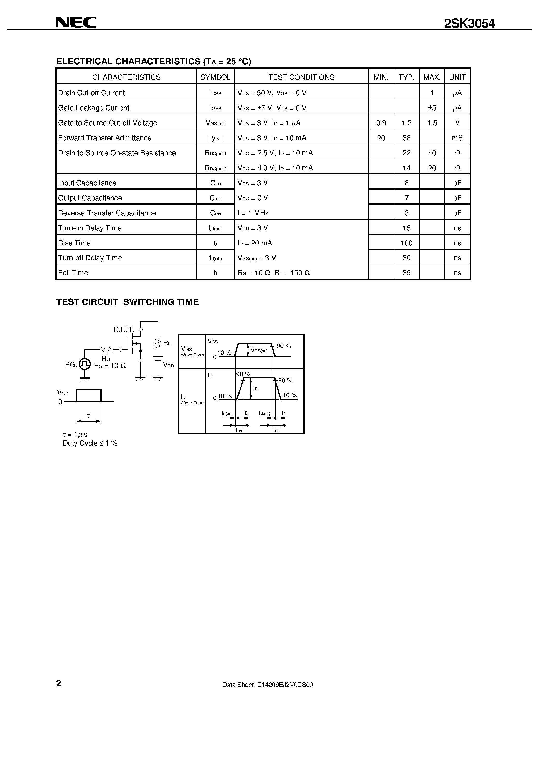 Datasheet 2SK3054 page 2 Datasheet 2SK3054 - N-CHANNEL MOS FIELD EFFECT TRANSISTOR FOR SWITCHING page 2
