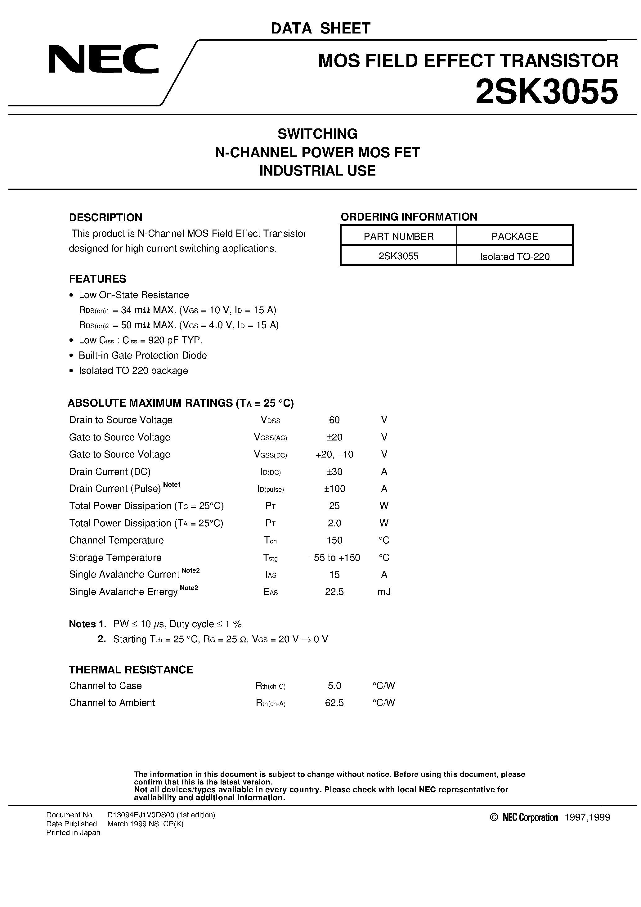 Datasheet 2SK3055 page 1 Datasheet 2SK3055 - SWITCHING N-CHANNEL POWER MOS FET INDUSTRIAL USE page 1