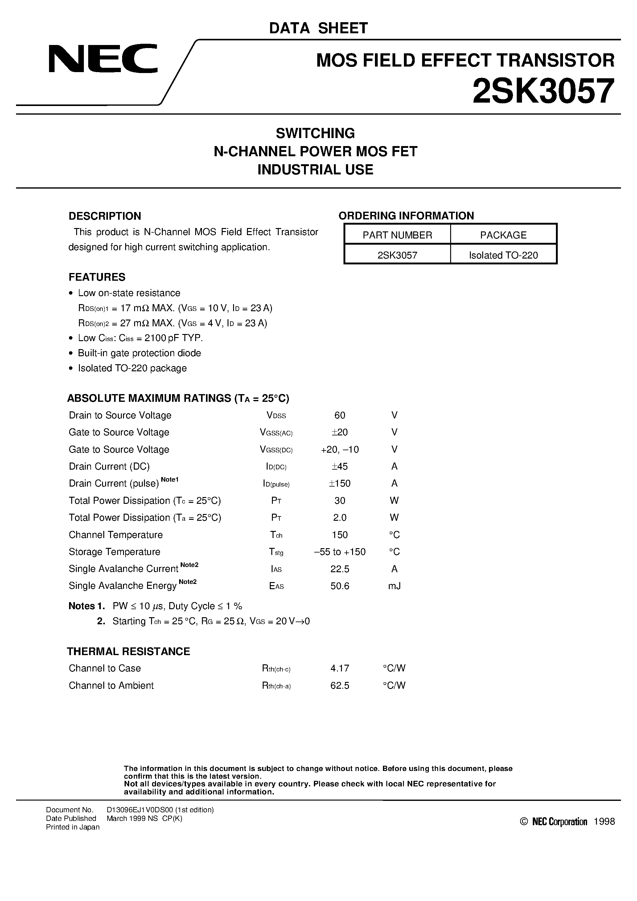 Datasheet 2SK3057 - SWITCHING N-CHANNEL POWER MOS FET INDUSTRIAL USE page 1