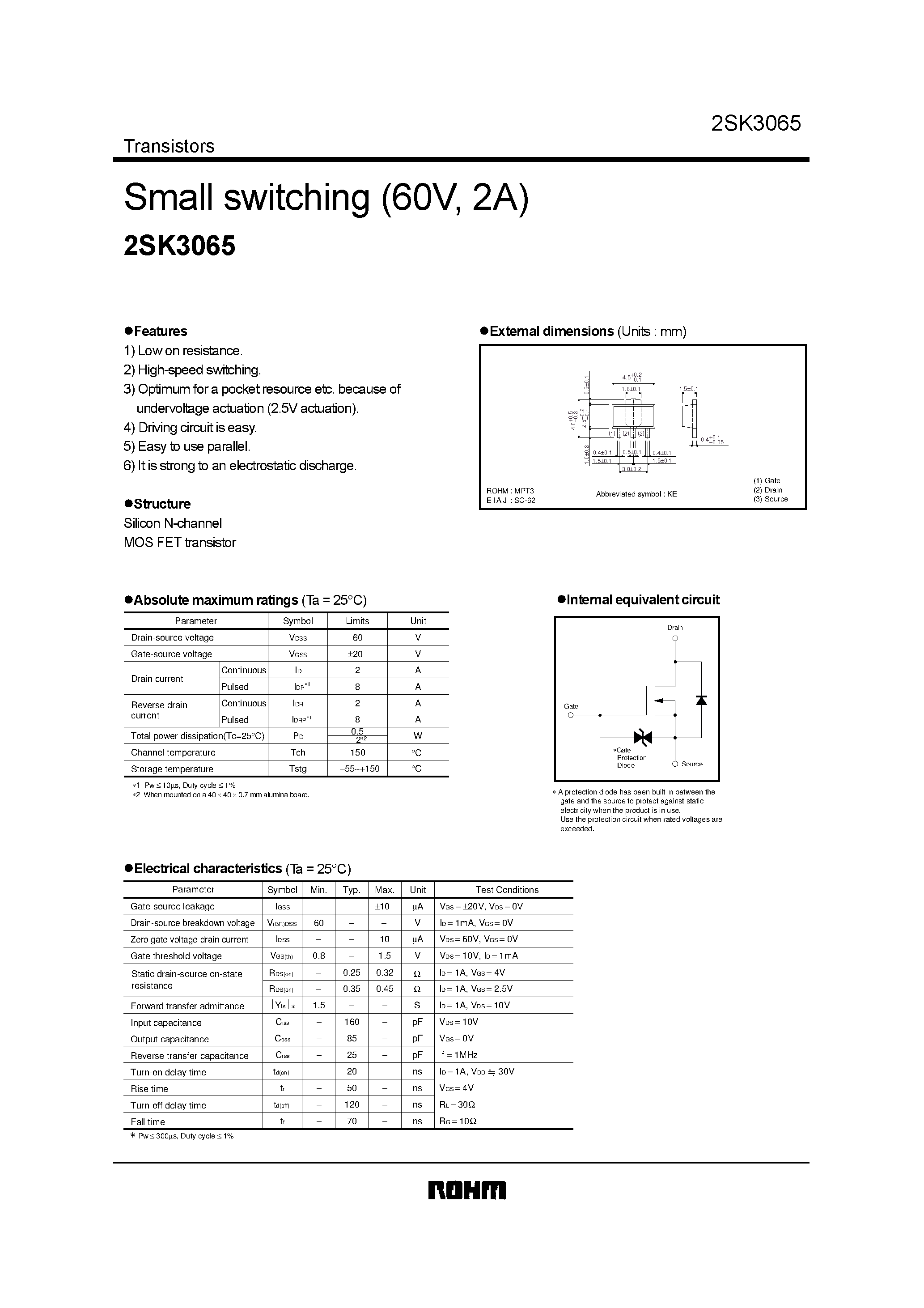 Даташит 2SK3065 - Small switching (60V/ 2A) страница 1
