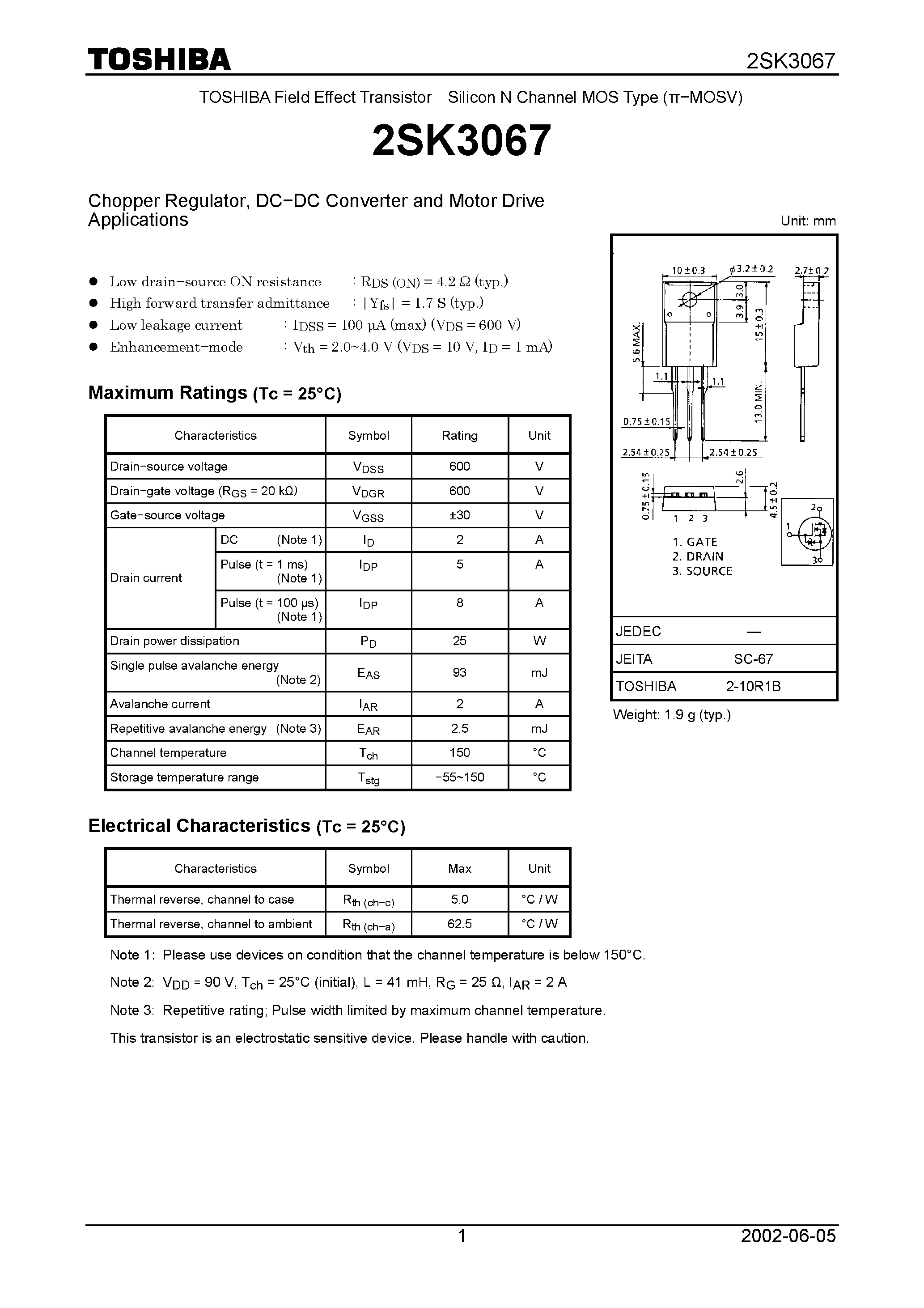 Datasheet 2SK3067 - TOSHIBA Field Effect Transistor Silicon N Channel MOS Type page 1