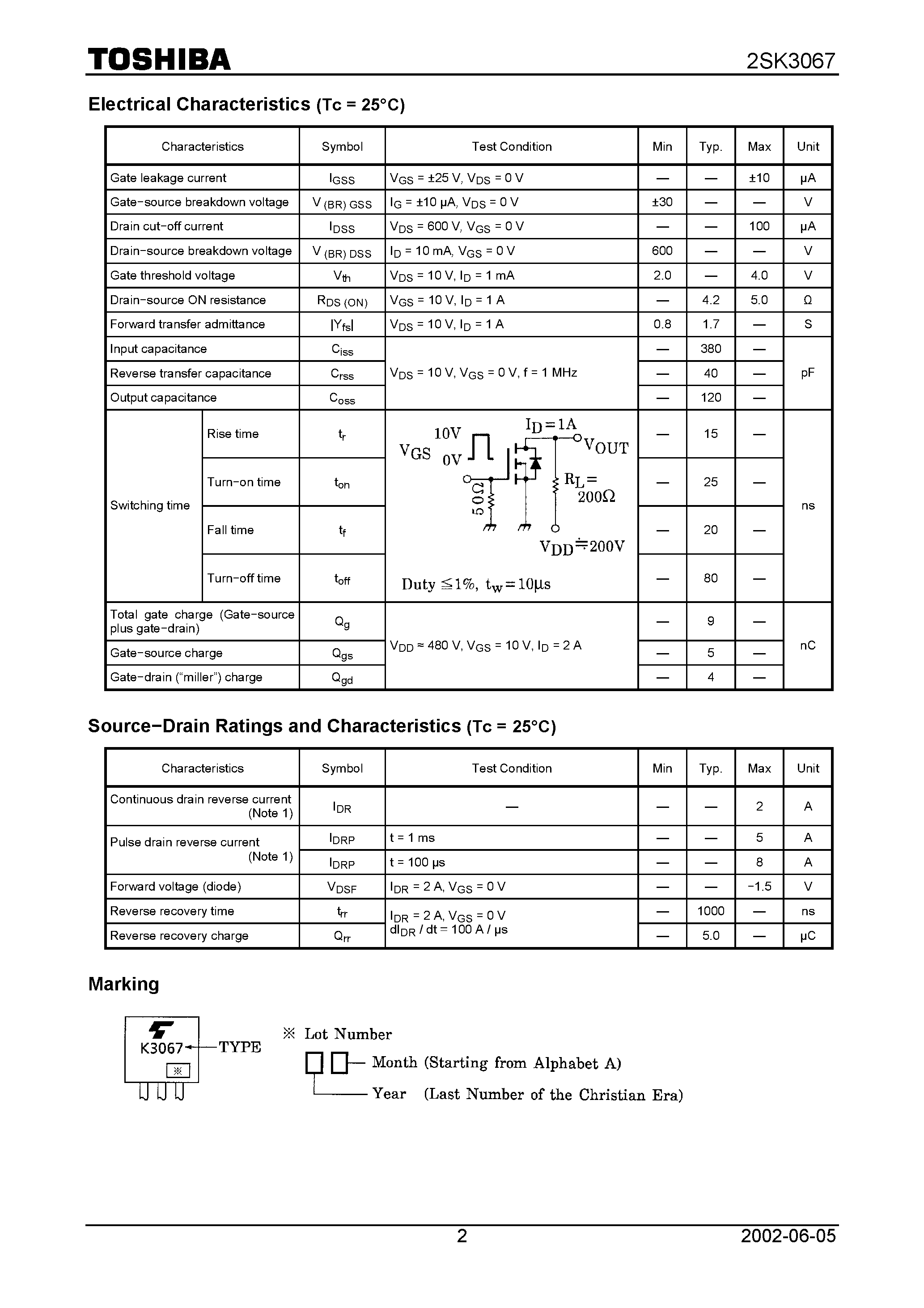 Datasheet 2SK3067 - TOSHIBA Field Effect Transistor Silicon N Channel MOS Type page 2