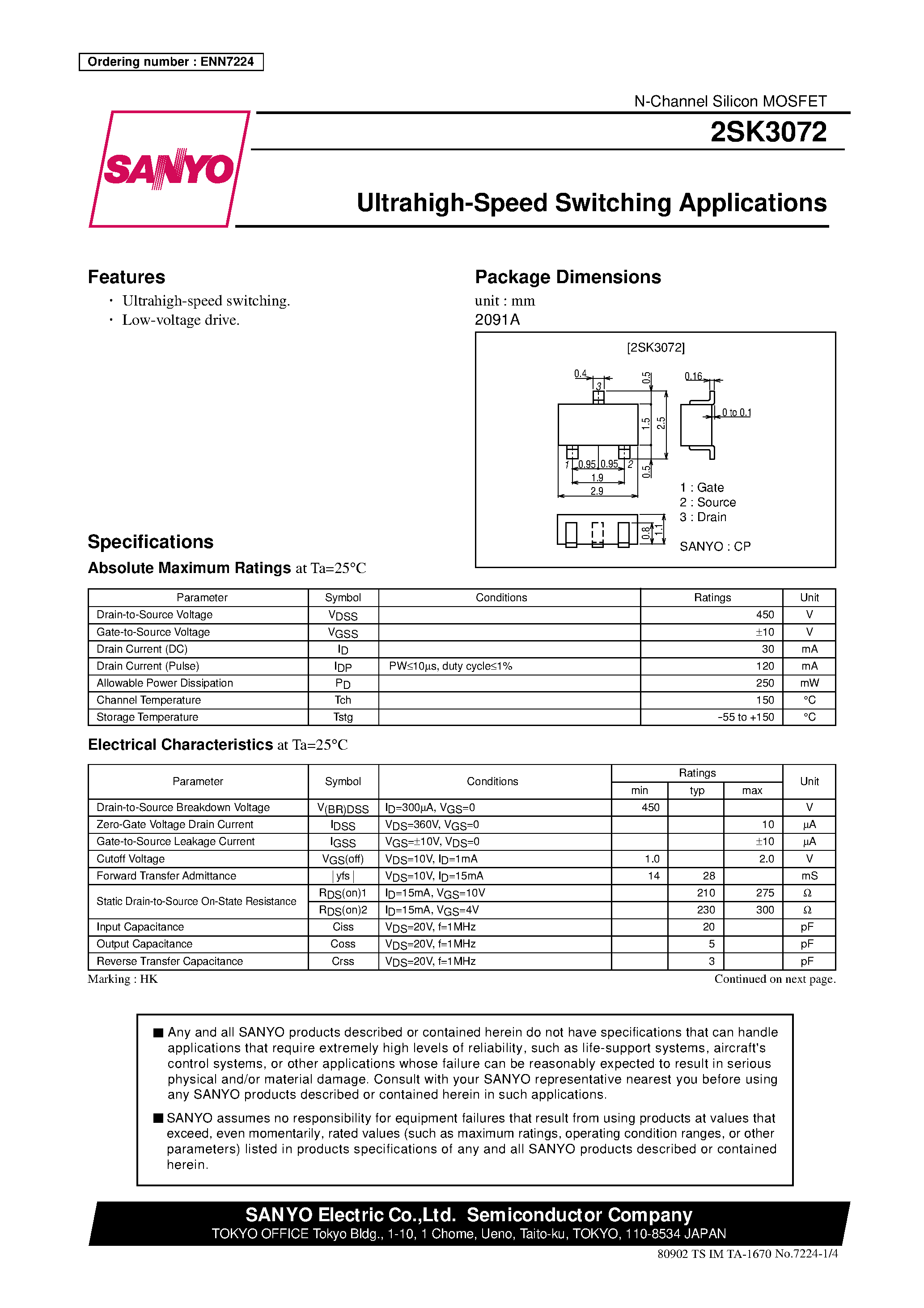 Даташит 2SK3072 - Ultrahigh-Speed Switching Applications страница 1