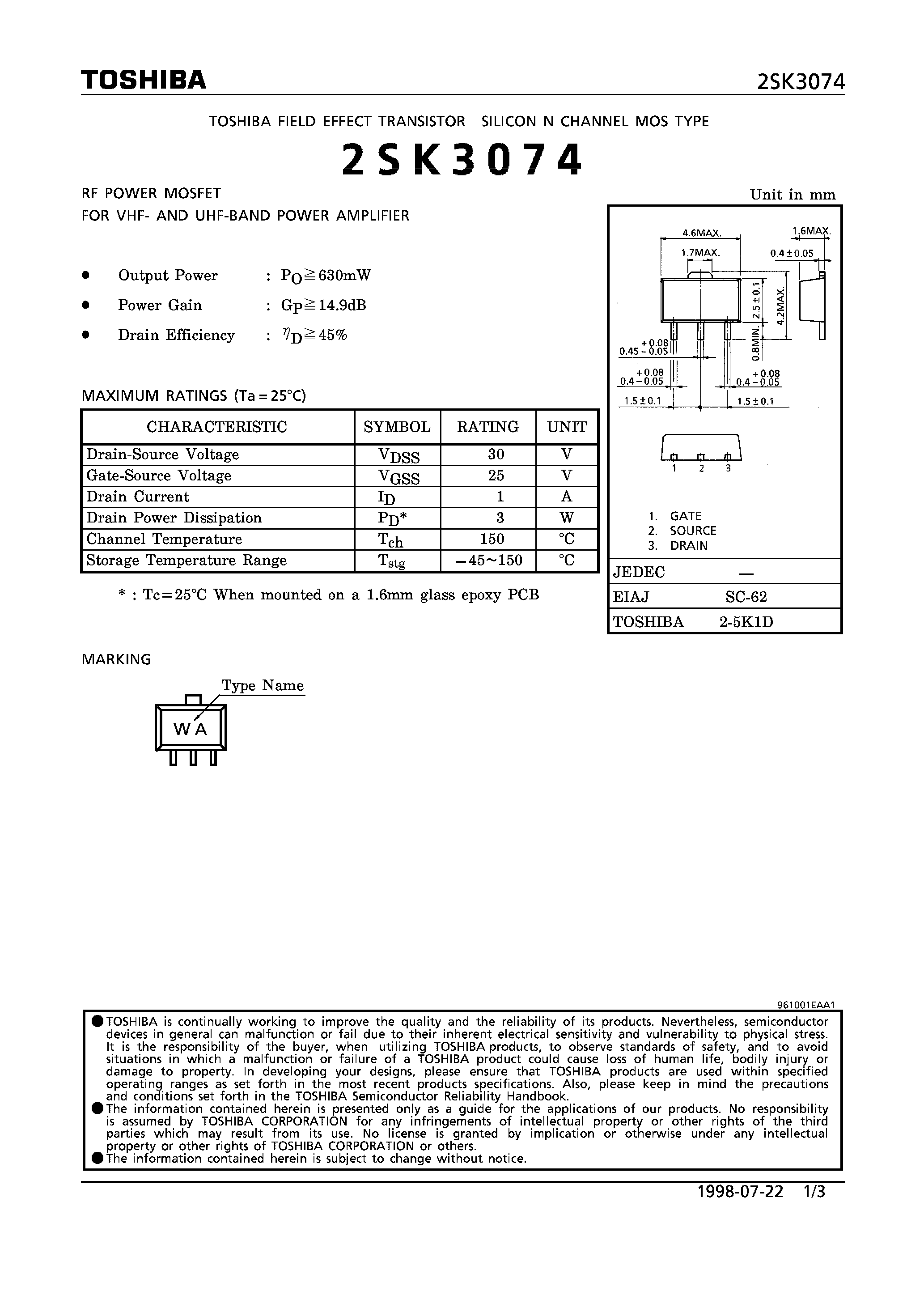 Datasheet 2SK3074 - N CHANNEL MOS TYPE (RF POWER MOSFET FOR VHF- AND UHF-BAND POWER AMPLIFIER) page 1